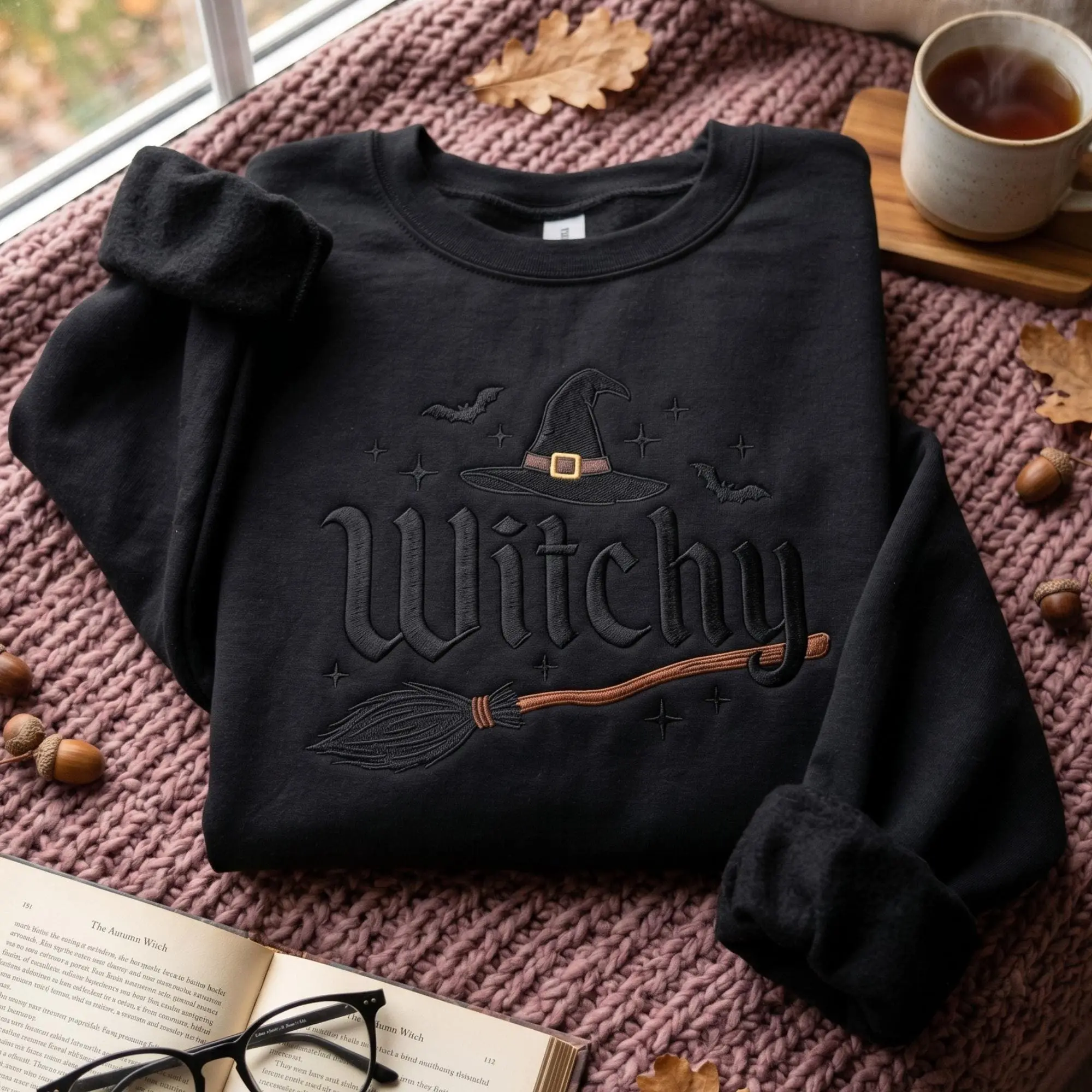 Embroidered Witchy Halloween Sweatshirt, Bat and Broomstick Witch Costume Womens Fall Cute Spooky Season Crewneck