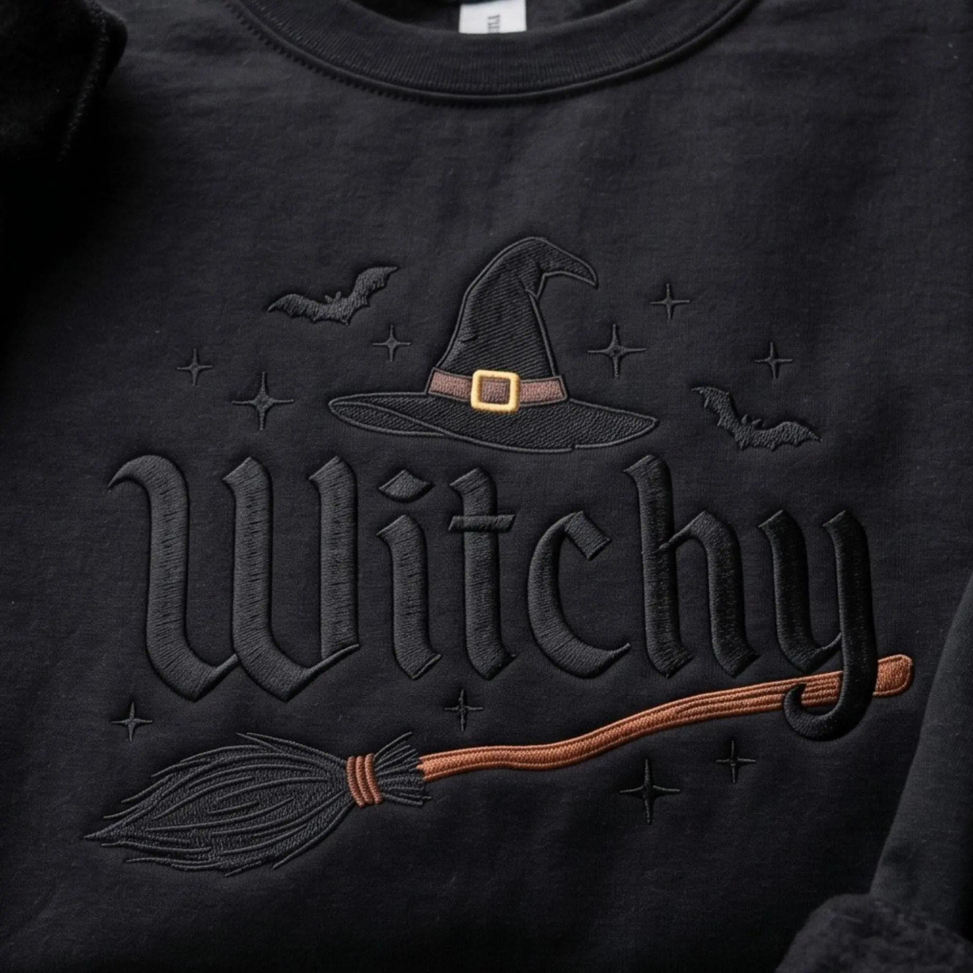 Embroidered Witchy Halloween Sweatshirt, Bat and Broomstick Witch Costume Womens Fall Cute Spooky Season Crewneck - photo 2