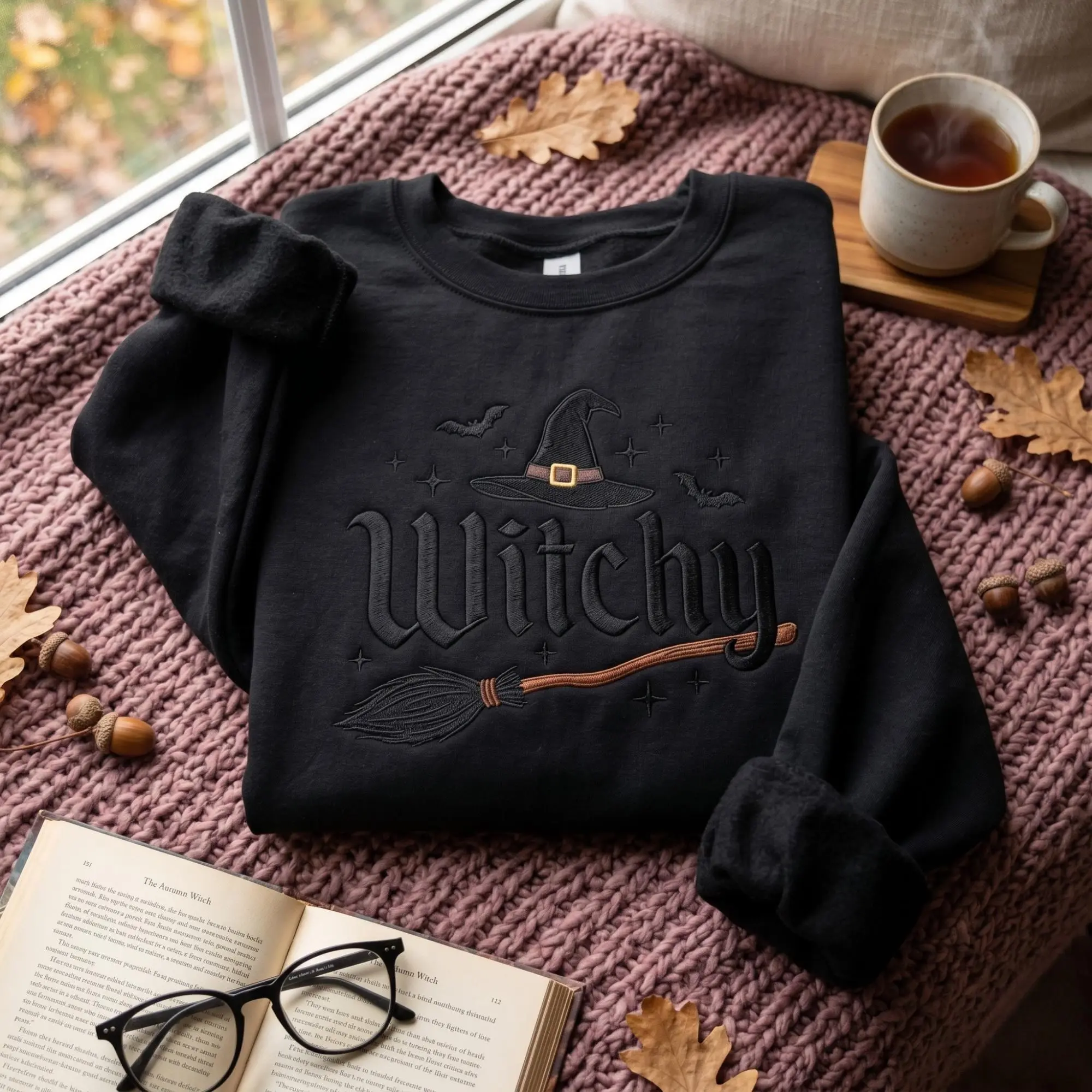 Embroidered Witchy Halloween Sweatshirt, Bat and Broomstick Witch Costume Womens Fall Cute Spooky Season Crewneck - photo 3