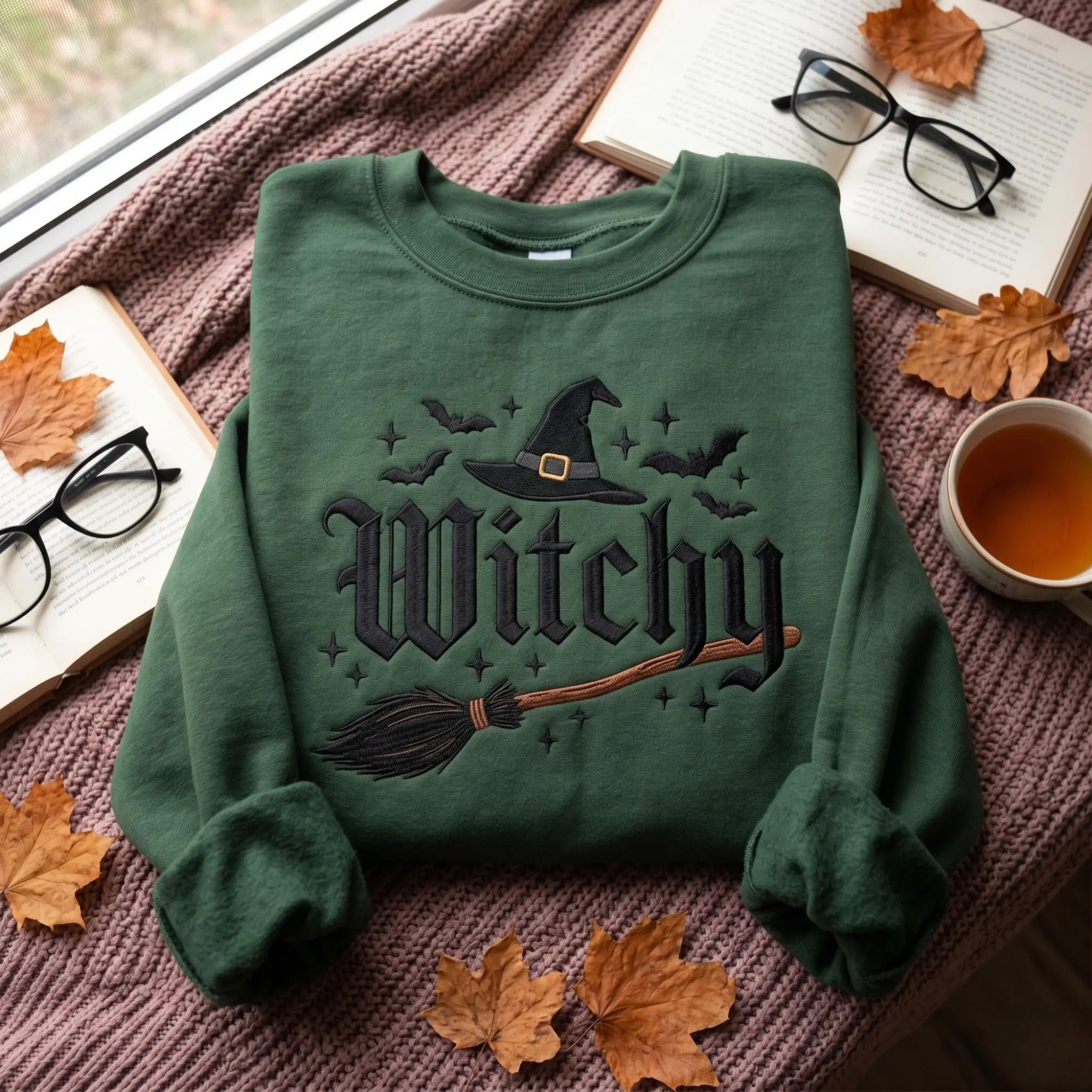 Embroidered Witchy Shirt, Witch Hat Broom Bats Halloween Broomstick Costume Graphic Tee