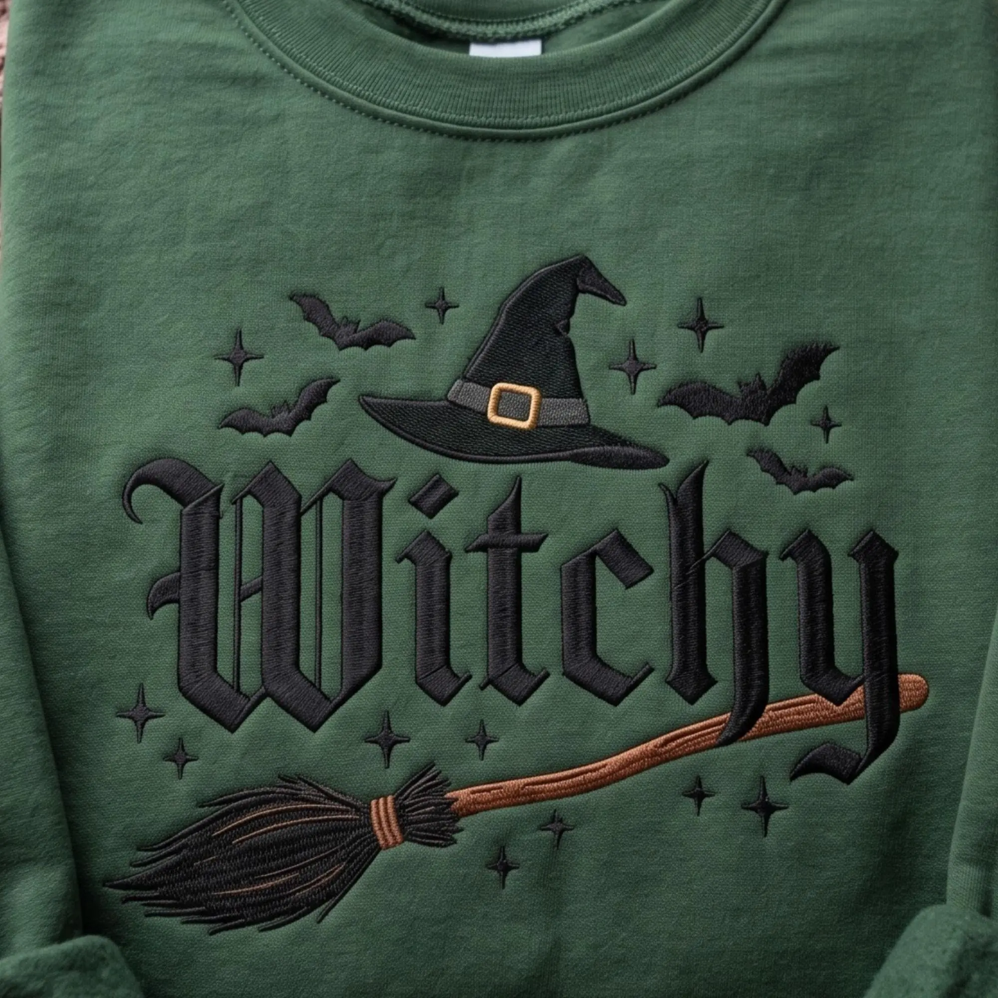 Embroidered Witchy Sweatshirt, Witch Hat Broom Bats Halloween Broomstick Costume Crewneck - photo 2