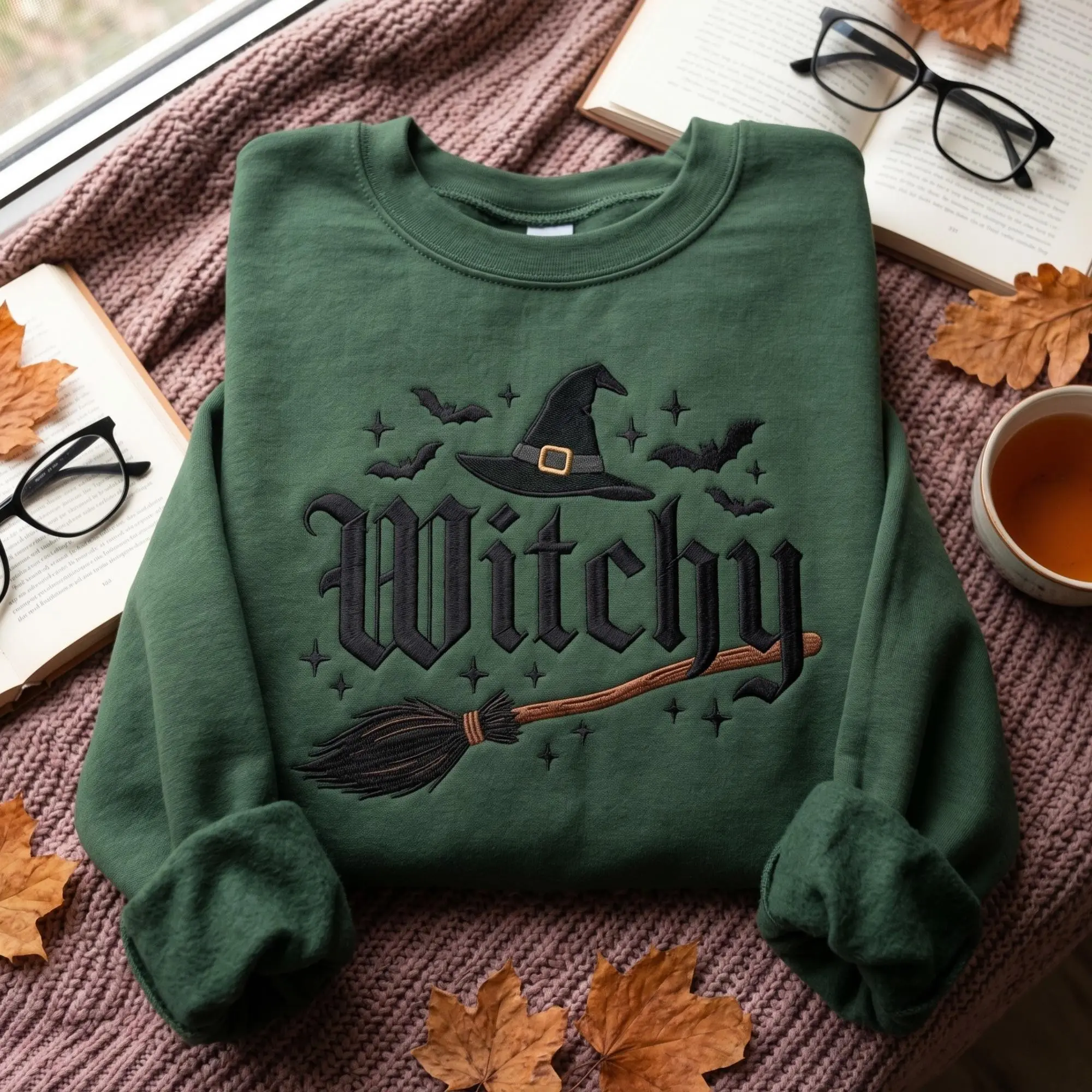 Embroidered Witchy Sweatshirt, Witch Hat Broom Bats Halloween Broomstick Costume Crewneck - photo 3