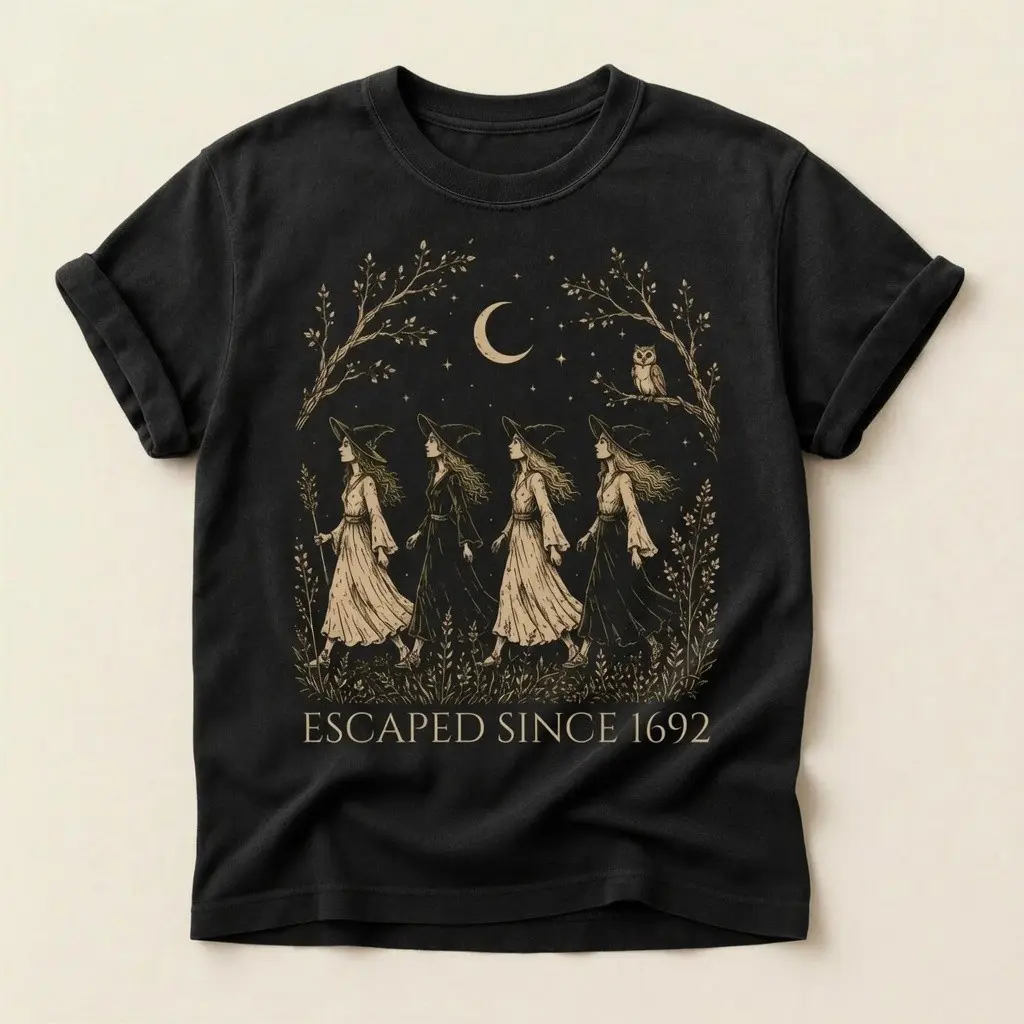 Escaped Since 1692 Shirt, Comfort Colors Salem Witch Walk Vintage Halloween Witchy Owl Moon Spooky Womens Tee