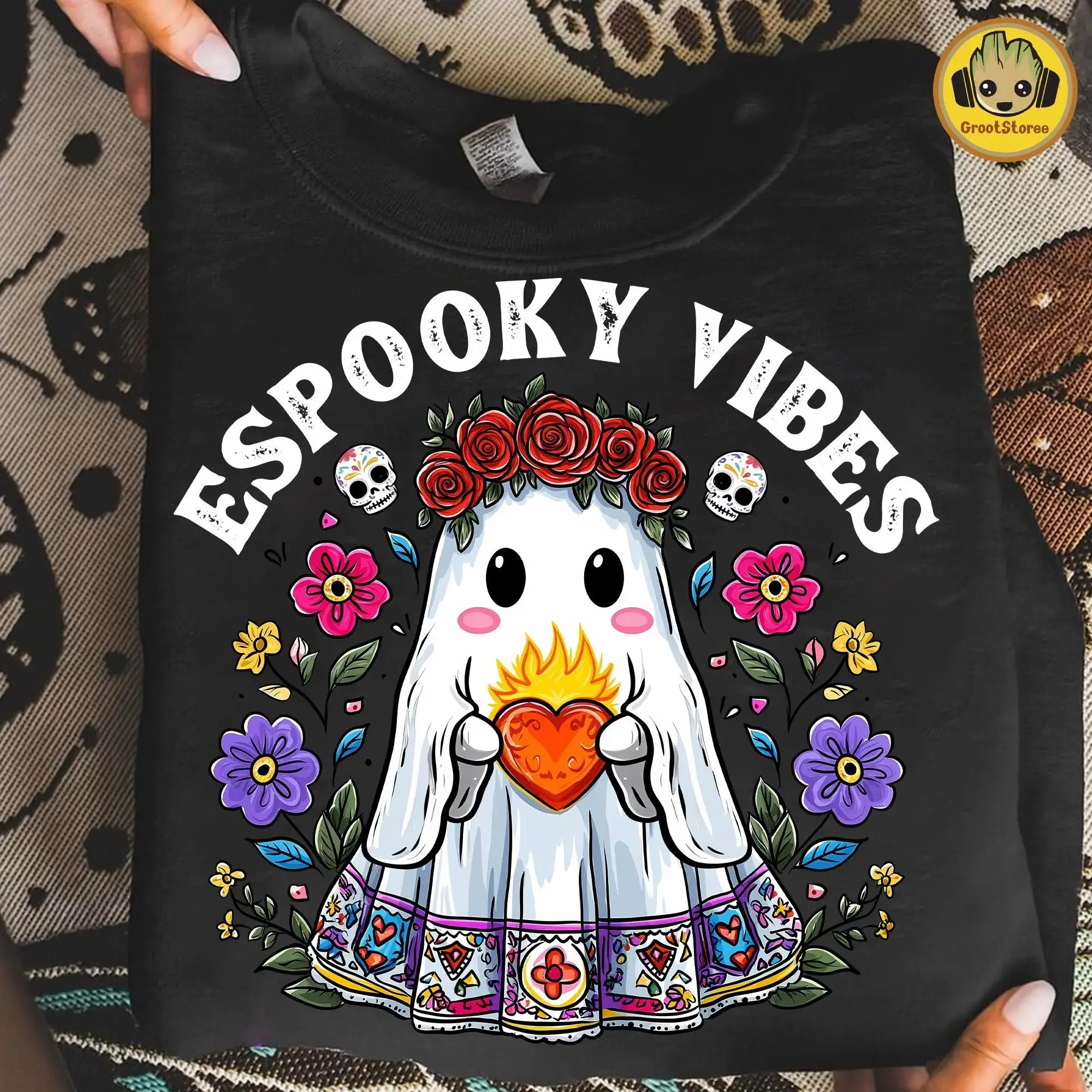 Espooky Vibes Halloween Mexican Conchas Ghost Shirt, Funny Pan Dulce Pantasmas Bakery Graphic Tee for Women - photo 2