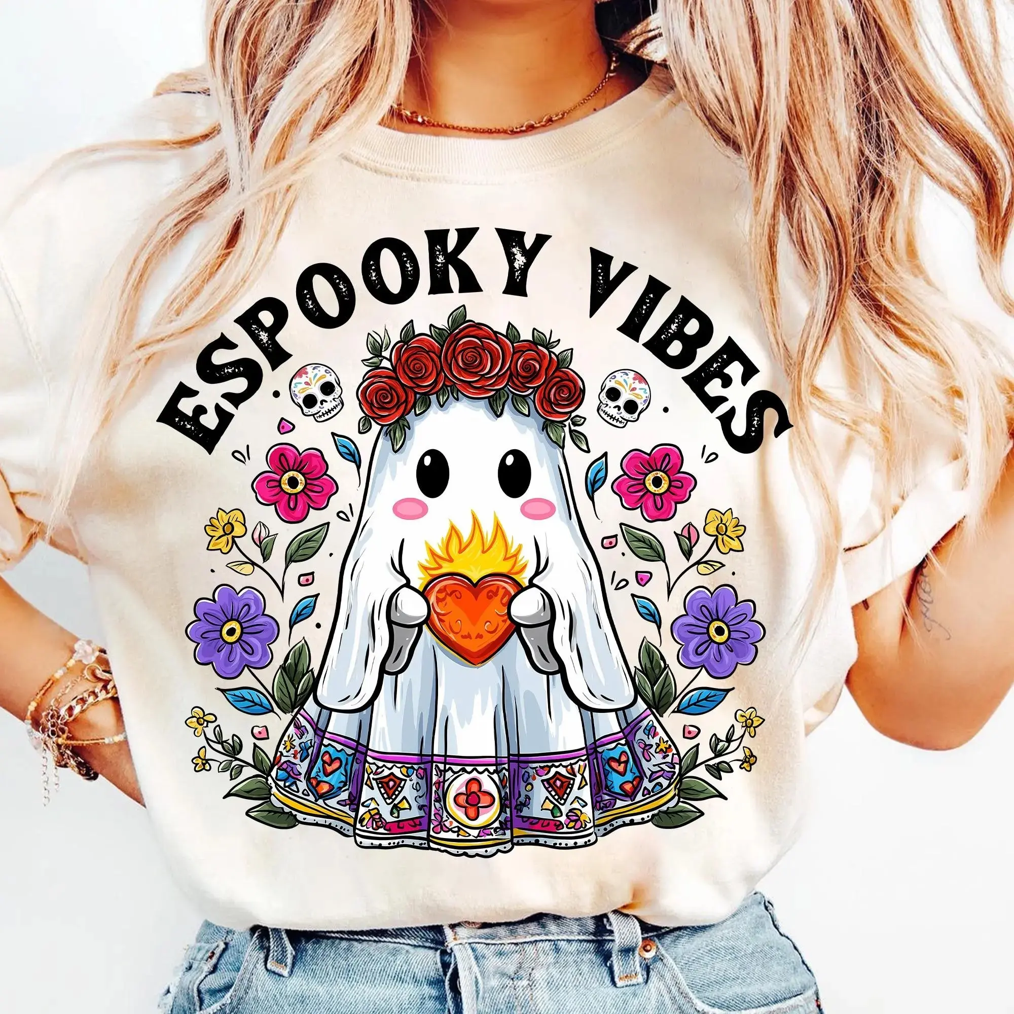 Espooky Vibes Halloween Mexican Conchas Ghost Shirt, Funny Pan Dulce Pantasmas Bakery Graphic Tee for Women - photo 3