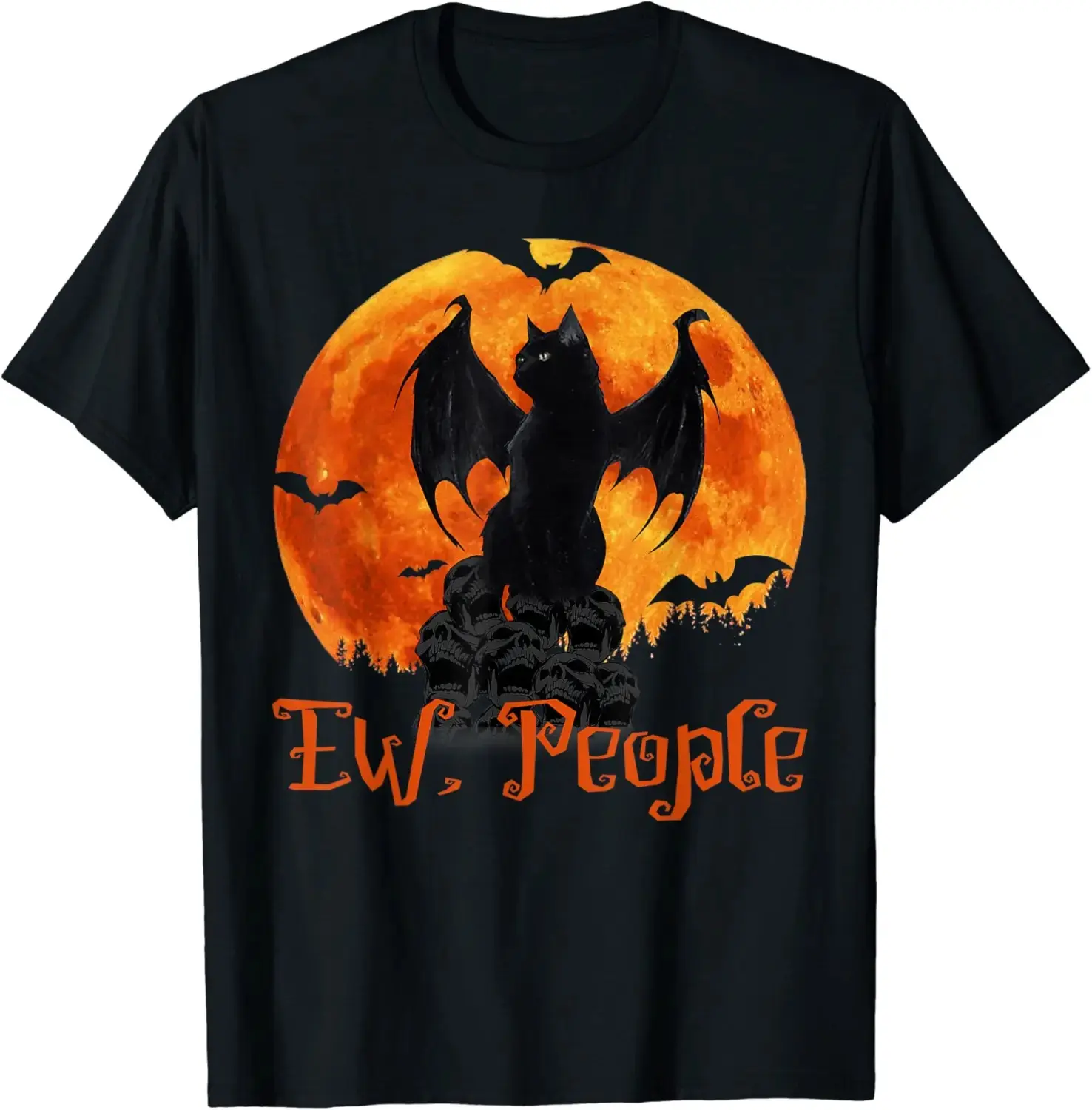 Ew People Bat Wings Black Cat Lover Halloween T-Shirt, Funny Introvert Sarcastic Graphic Tee for Women