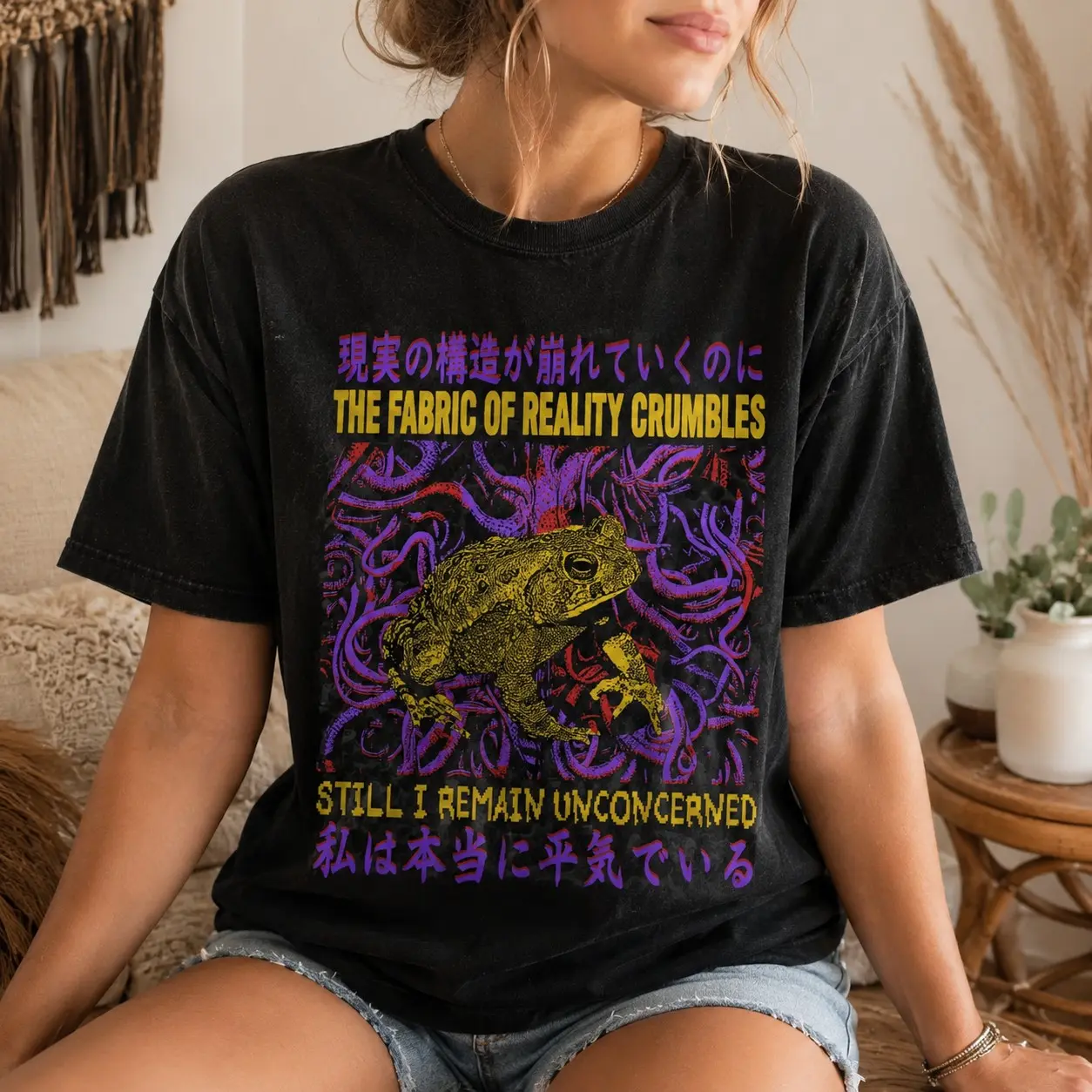 Fabric of Reality Crumbles Frog Graphic Shirt for Women, Weirdcore Halloween Tee, Surreal Animal Lover Gift