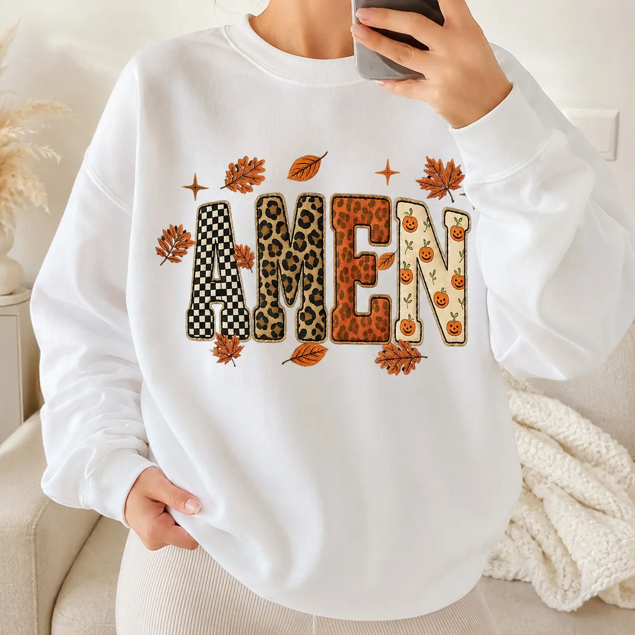 Fall Amen Sweatshirt, Women Leopard Pumpkin Christian Pullover, Jesus Faith Bible Verse Church Crewneck - photo 1