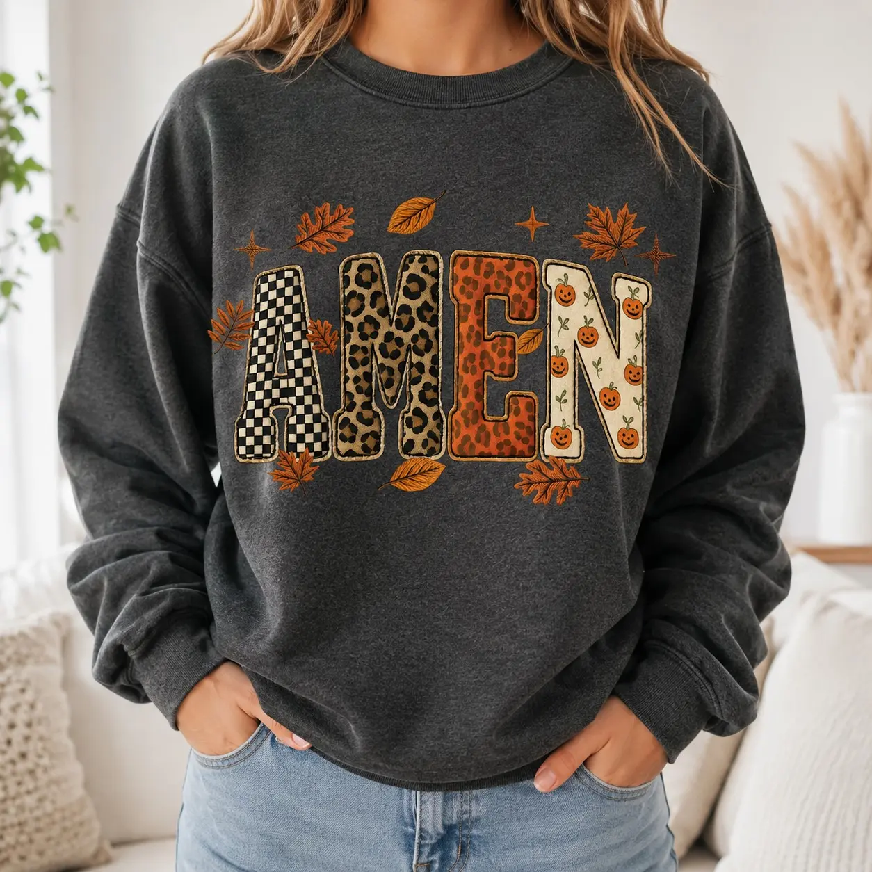 Fall Amen Sweatshirt, Women Leopard Pumpkin Christian Pullover, Jesus Faith Bible Verse Church Crewneck - photo 2