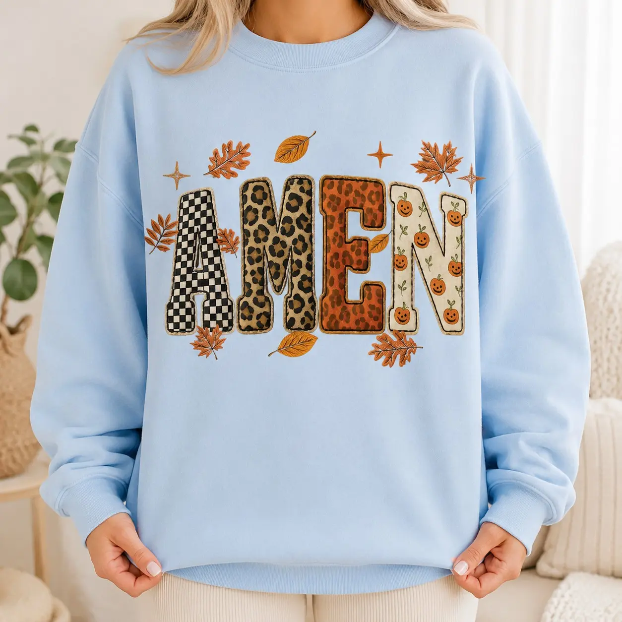 Fall Amen Sweatshirt, Women Leopard Pumpkin Christian Pullover, Jesus Faith Bible Verse Church Crewneck - photo 3