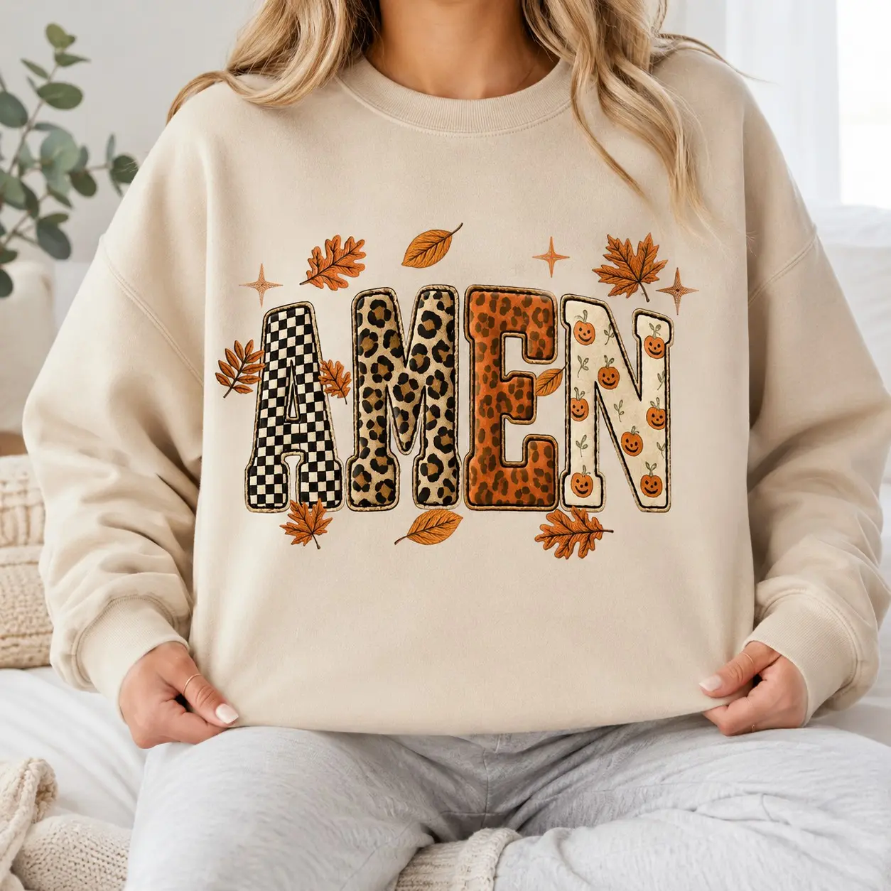 Fall Amen Sweatshirt, Women Leopard Pumpkin Christian Pullover, Jesus Faith Bible Verse Church Crewneck - photo 4