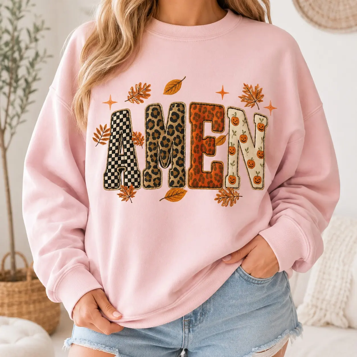 Fall Amen Sweatshirt, Women Leopard Pumpkin Christian Pullover, Jesus Faith Bible Verse Church Crewneck - photo 5