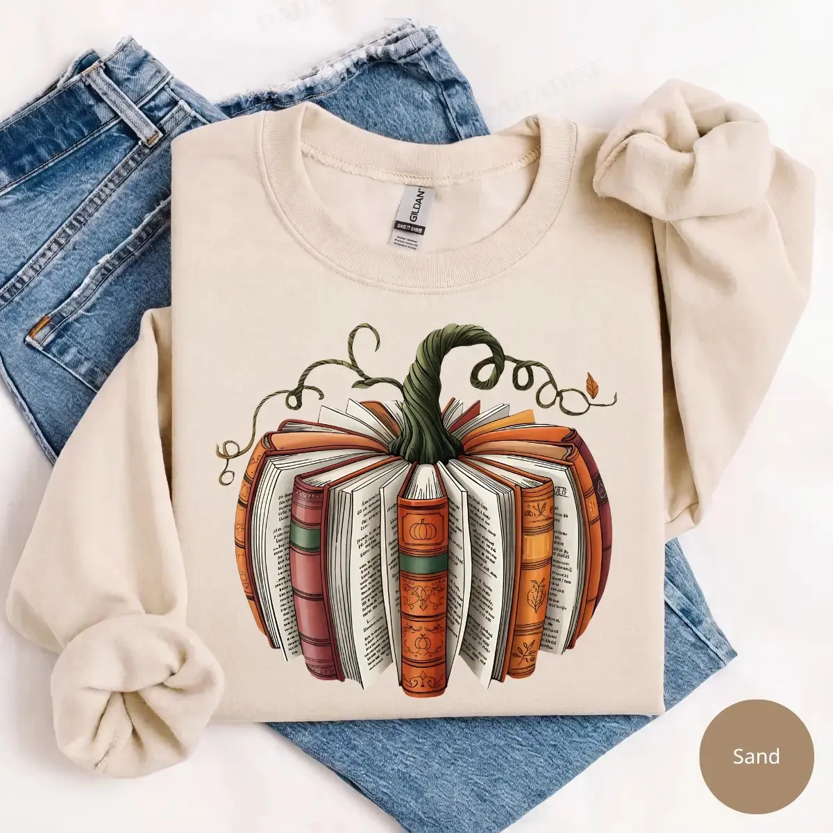 Fall Book Pumpkin Sweatshirt, Halloween Cozy Bookish Autumn Reading Lover Graphic Gift - photo 2