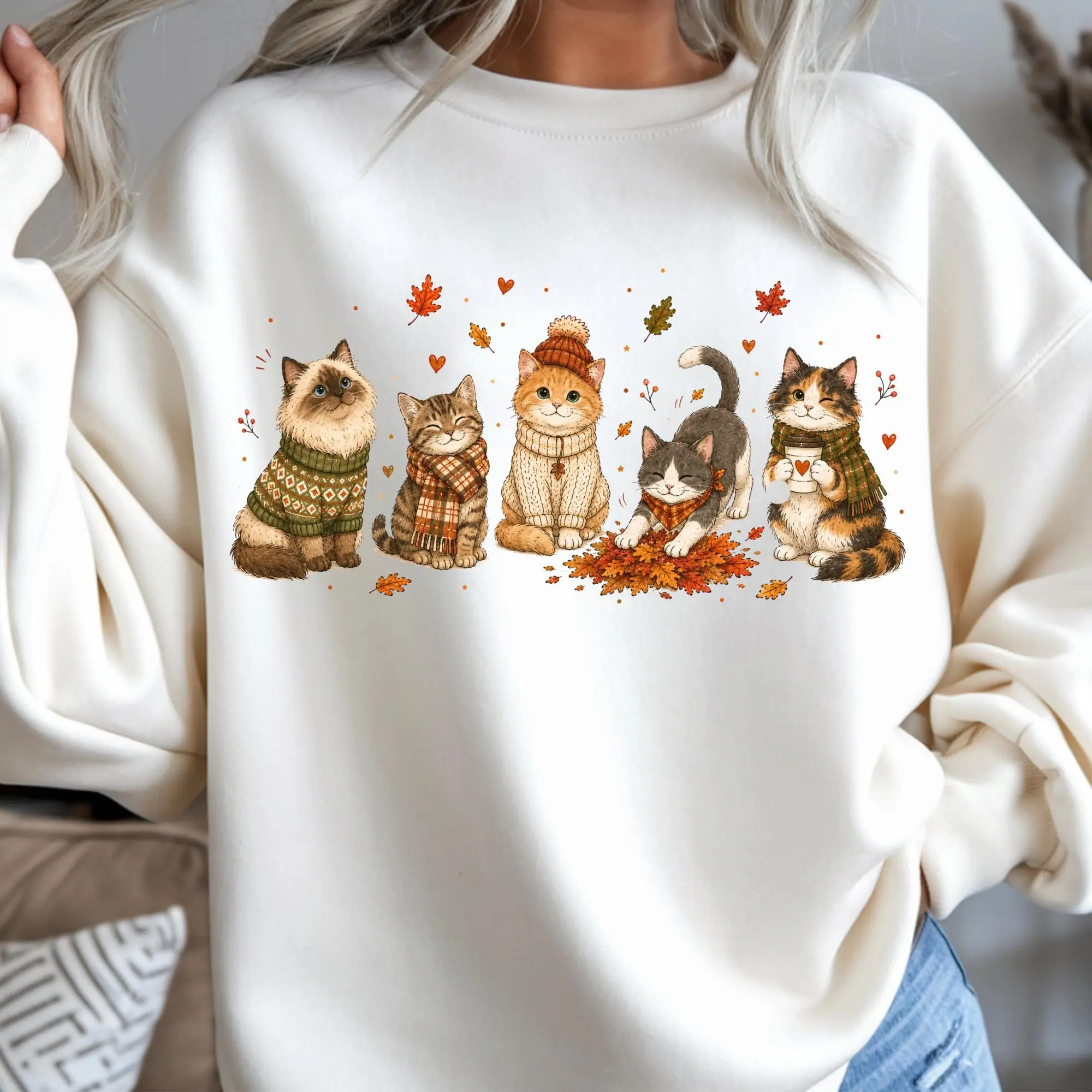 Fall Cat Womens T-Shirt, Cute Doodle Crew Kitty Mom Tee, Cozy Autumn Pumpkin Owner Thanksgiving Graphic Top