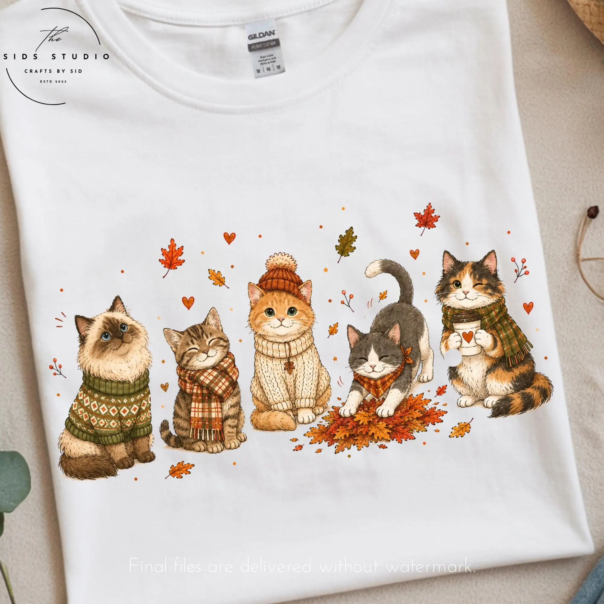 Fall Cat Womens T-Shirt, Cute Doodle Crew Kitty Mom Tee, Cozy Autumn Pumpkin Owner Thanksgiving Graphic Top - photo 2