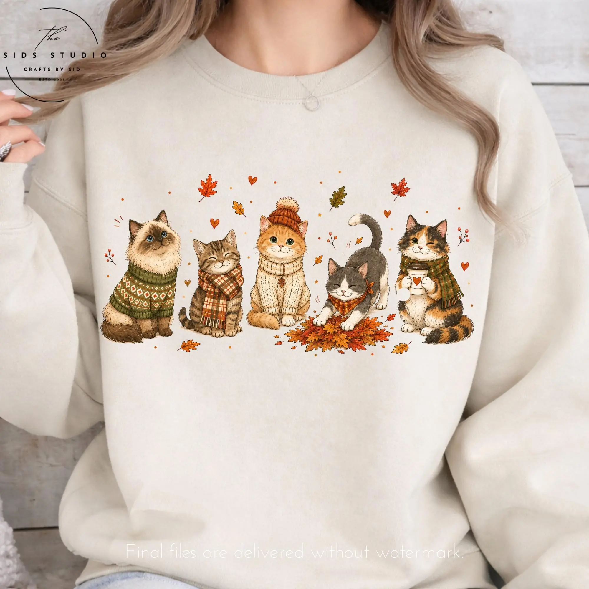 Fall Cat Womens T-Shirt, Cute Doodle Crew Kitty Mom Tee, Cozy Autumn Pumpkin Owner Thanksgiving Graphic Top - photo 3