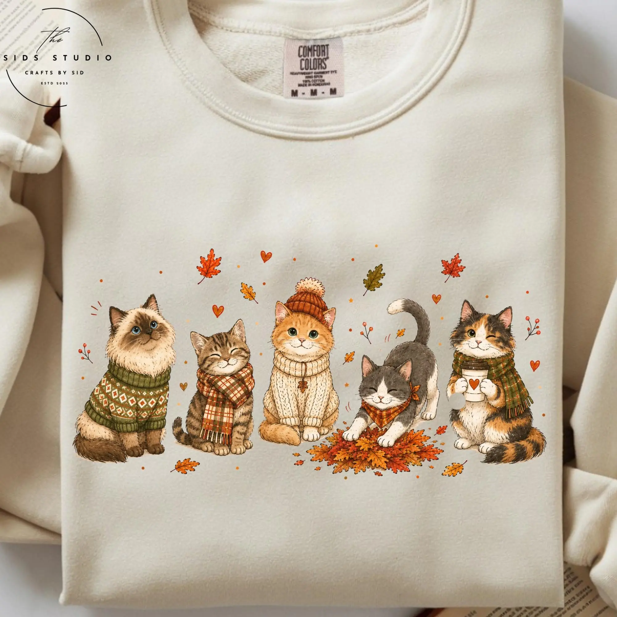 Fall Cat Womens T-Shirt, Cute Doodle Crew Kitty Mom Tee, Cozy Autumn Pumpkin Owner Thanksgiving Graphic Top - photo 4