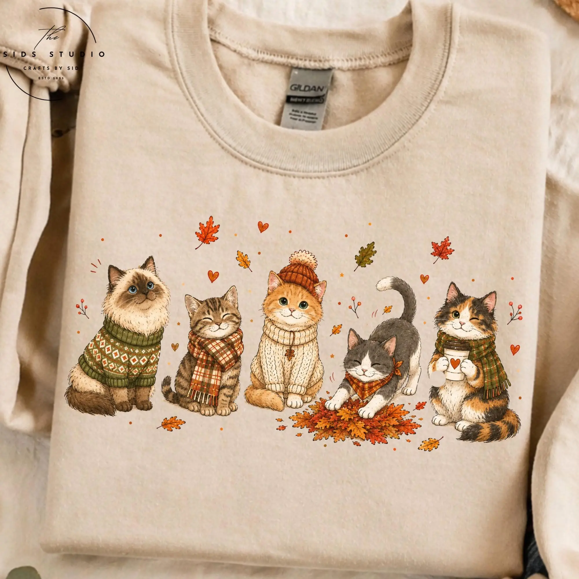 Fall Cat Womens T-Shirt, Cute Doodle Crew Kitty Mom Tee, Cozy Autumn Pumpkin Owner Thanksgiving Graphic Top - photo 5