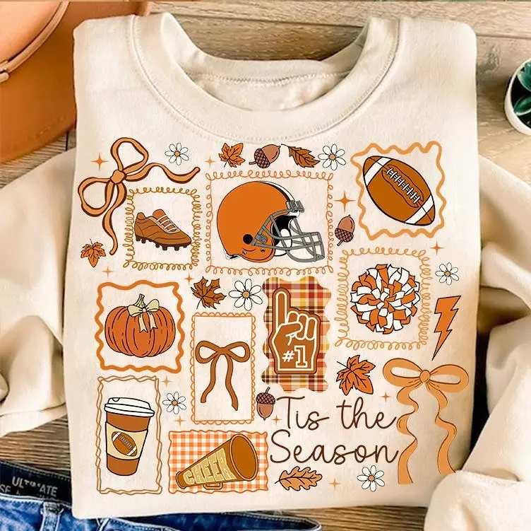 Fall Football Shirt, Tis the Season Cozy Autumn Tee, Girly Preppy Pumpkin Lace Bow Graphic Top for Women - photo 2