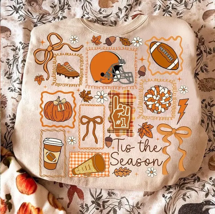 Fall Football Shirt, Tis the Season Cozy Autumn Tee, Girly Preppy Pumpkin Lace Bow Graphic Top for Women - photo 3