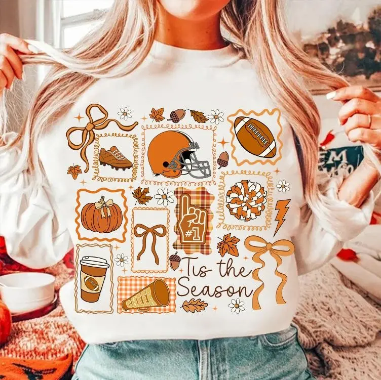 Fall Football Shirt, Tis the Season Cozy Autumn Tee, Girly Preppy Pumpkin Lace Bow Graphic Top for Women - photo 4
