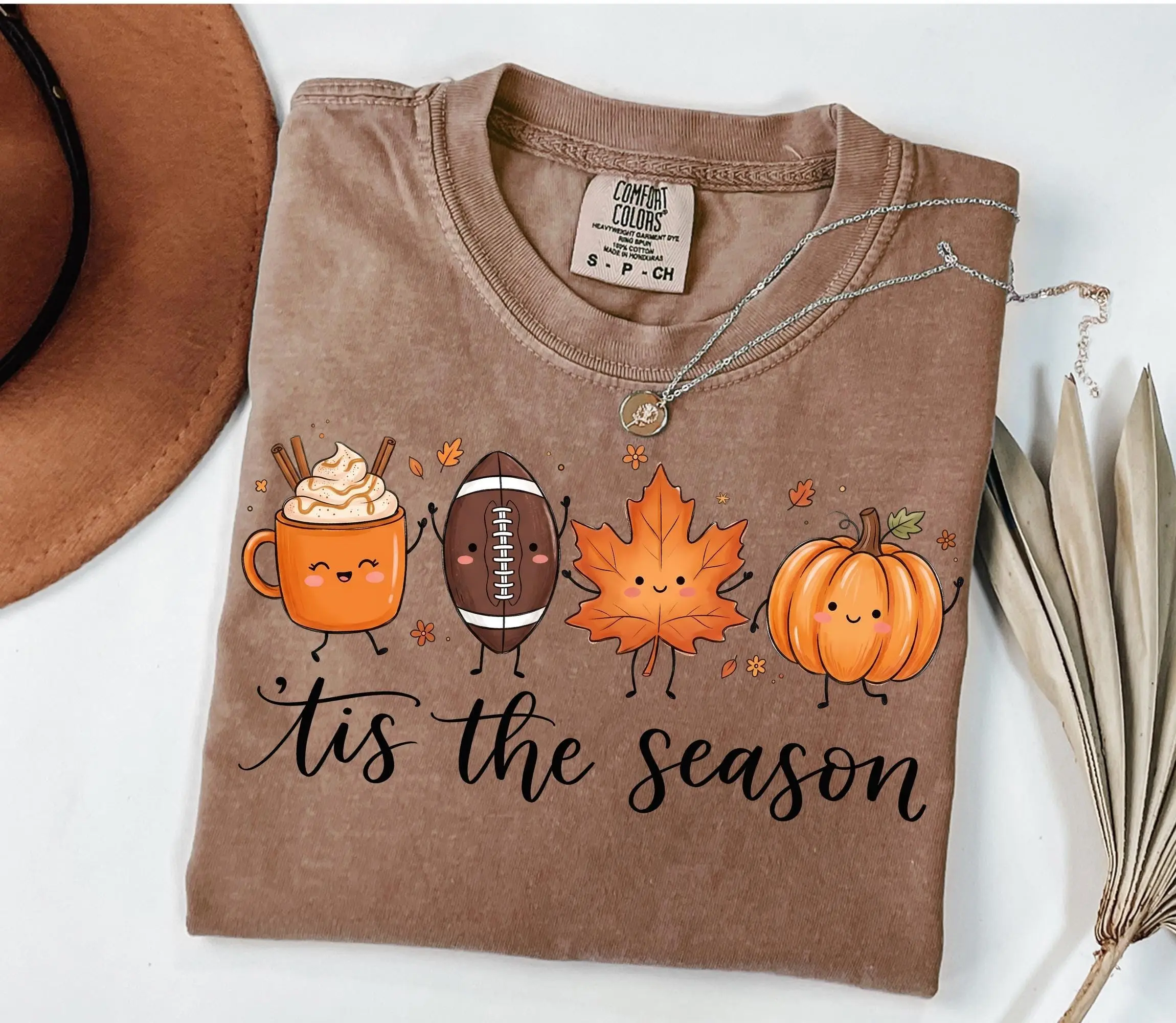 Comfort Colors Fall Football Shirt, Pumpkin Spice Tee, Tis The Season Cute Autumn Graphic Top for Women