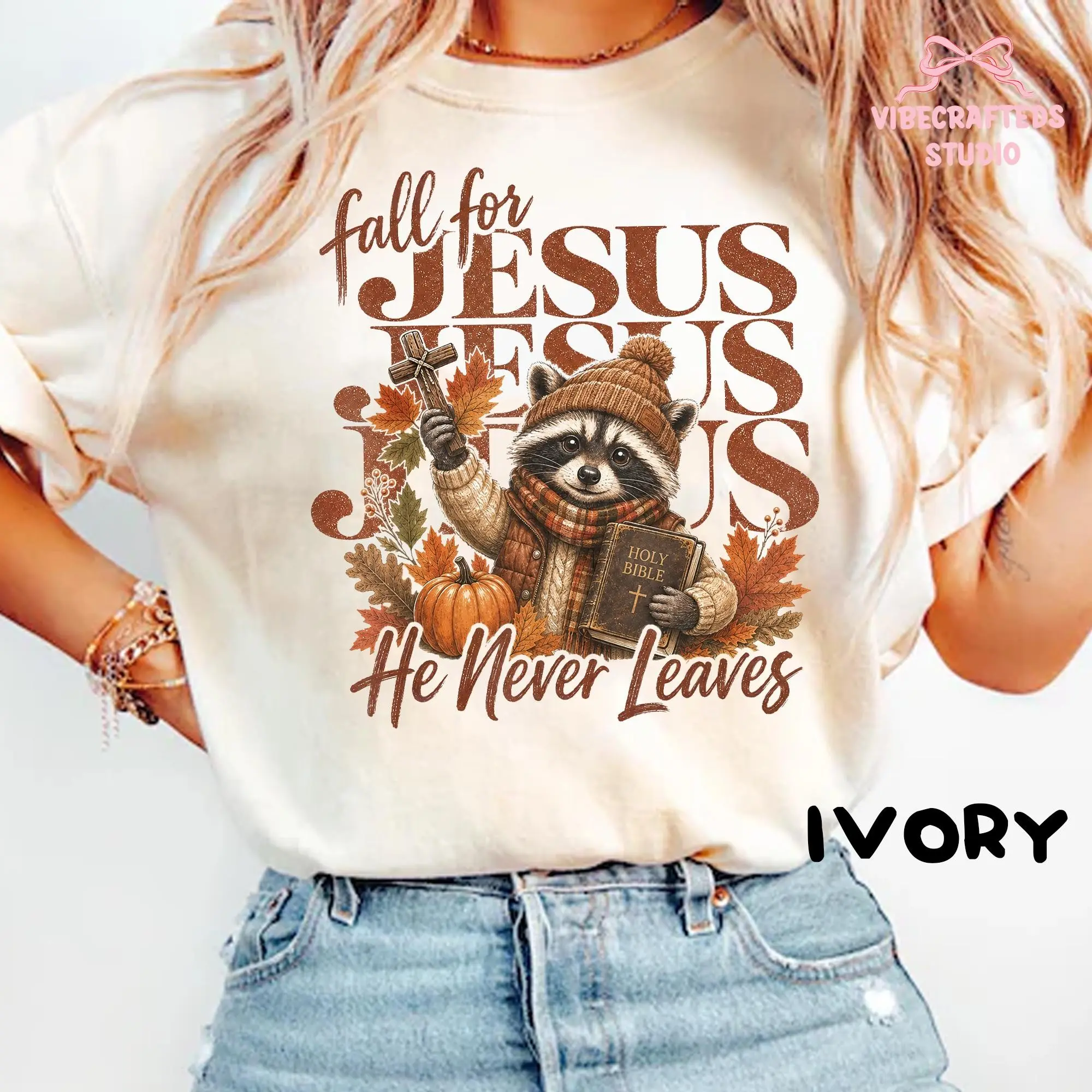 Comfort Colors Fall For Jesus He Never Leaves Shirt, Christian Raccoon Pumpkin Autumn Faith Tee