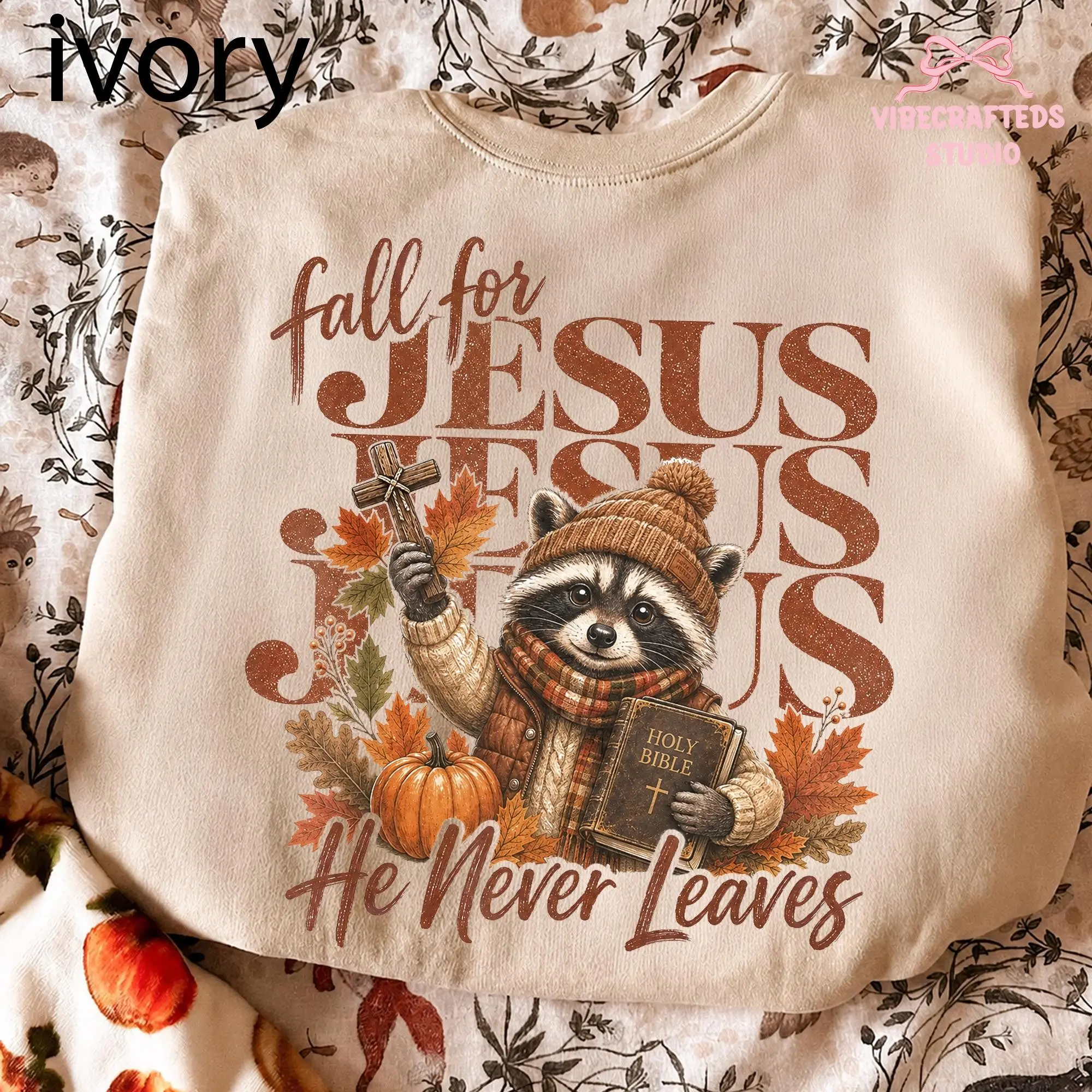 Comfort Colors Fall For Jesus He Never Leaves Shirt, Christian Raccoon Pumpkin Autumn Faith Tee - photo 2