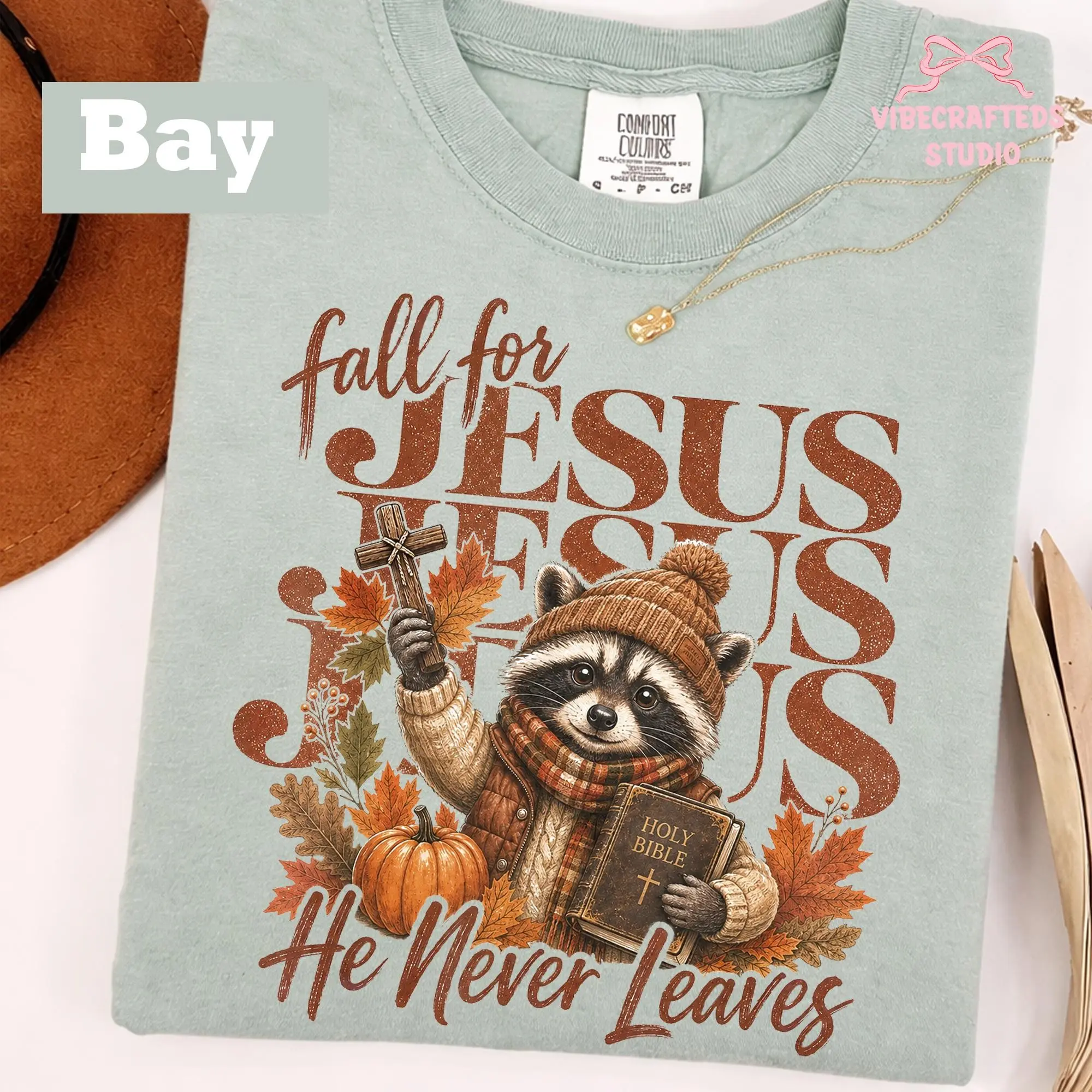 Comfort Colors Fall For Jesus He Never Leaves Shirt, Christian Raccoon Pumpkin Autumn Faith Tee - photo 3