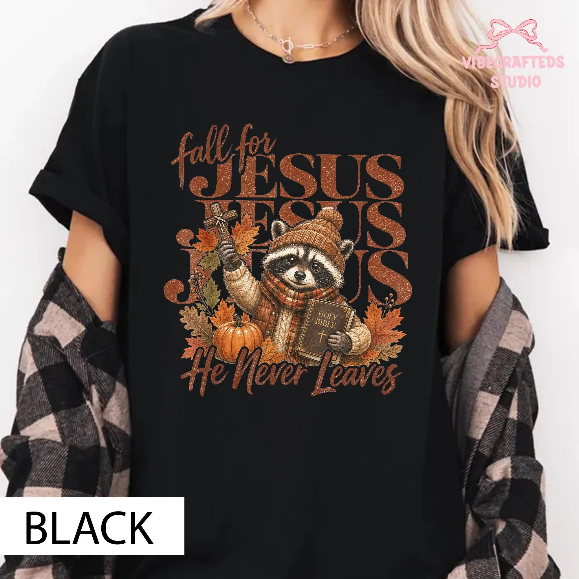 Comfort Colors Fall For Jesus He Never Leaves Shirt, Christian Raccoon Pumpkin Autumn Faith Tee - photo 5