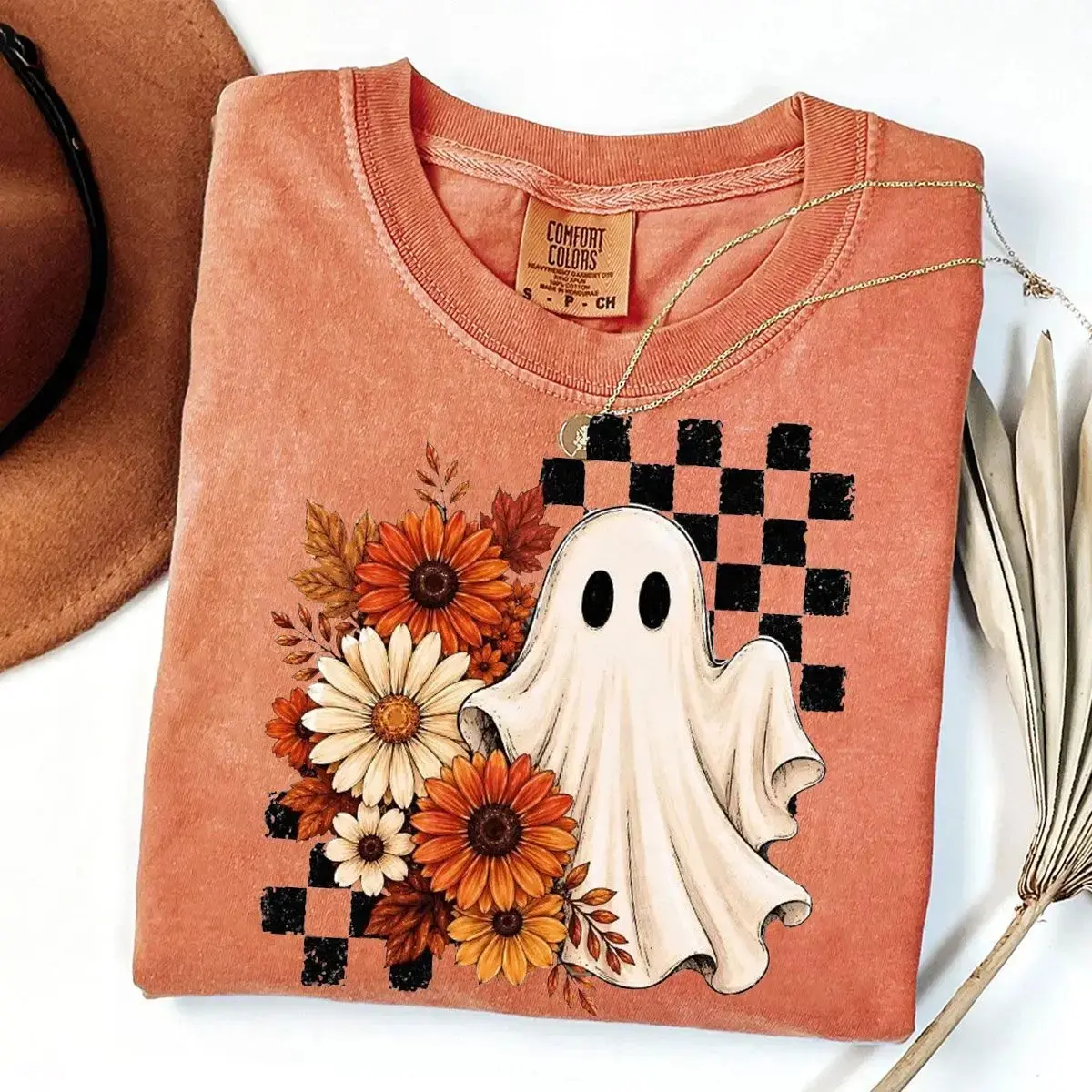 Fall Ghost Shirt for Women, Floral Checkerboard Cute Cozy Autumn Spooky Halloween Graphic Tee - photo 2