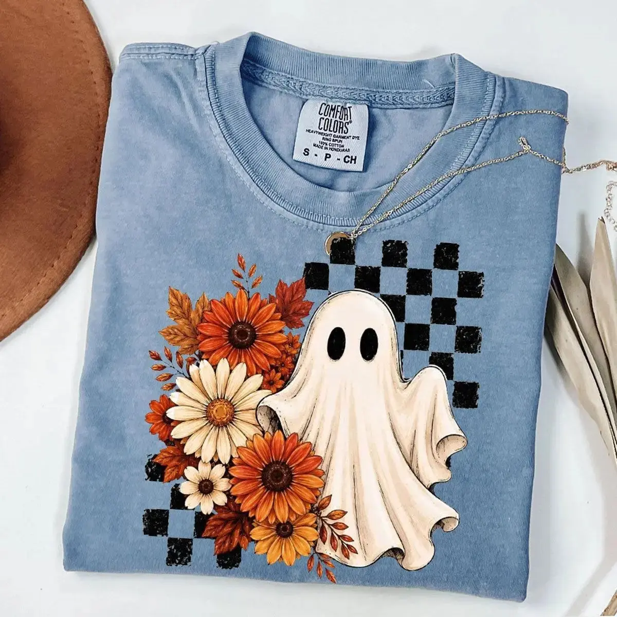 Fall Ghost Shirt for Women, Floral Checkerboard Cute Cozy Autumn Spooky Halloween Graphic Tee - photo 3