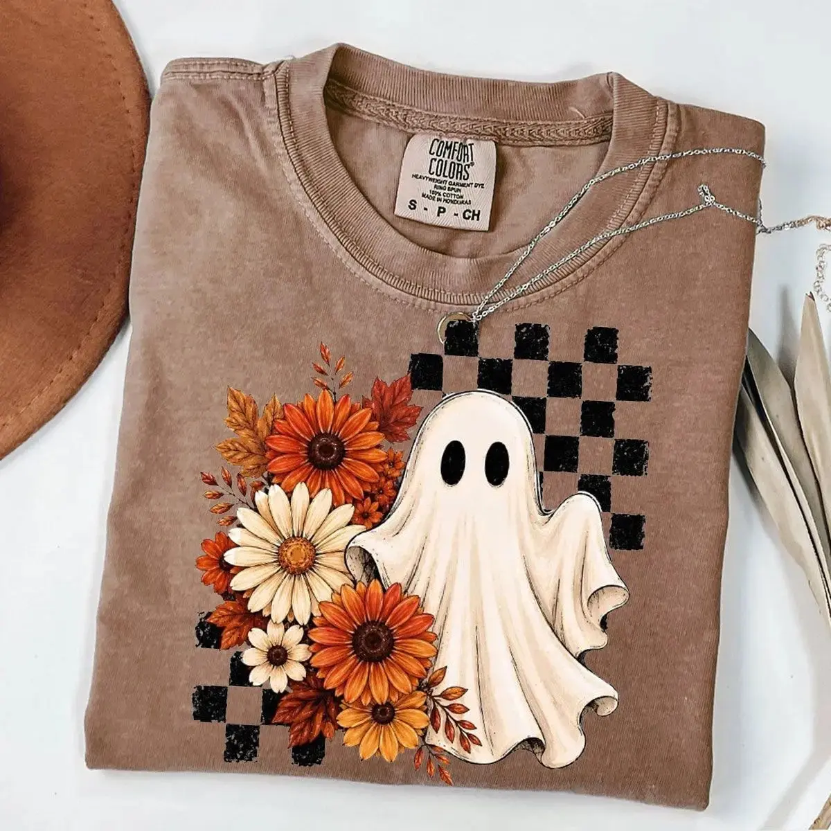 Fall Ghost Shirt for Women, Floral Checkerboard Cute Cozy Autumn Spooky Halloween Graphic Tee - photo 4