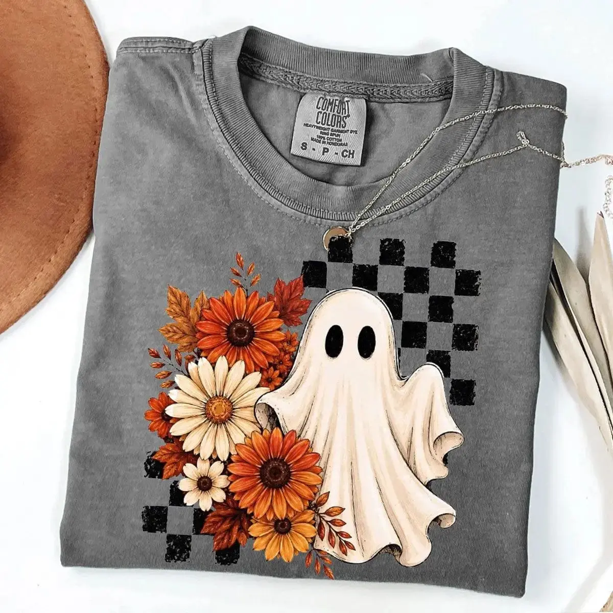 Fall Ghost Shirt for Women, Floral Checkerboard Cute Cozy Autumn Spooky Halloween Graphic Tee - photo 5