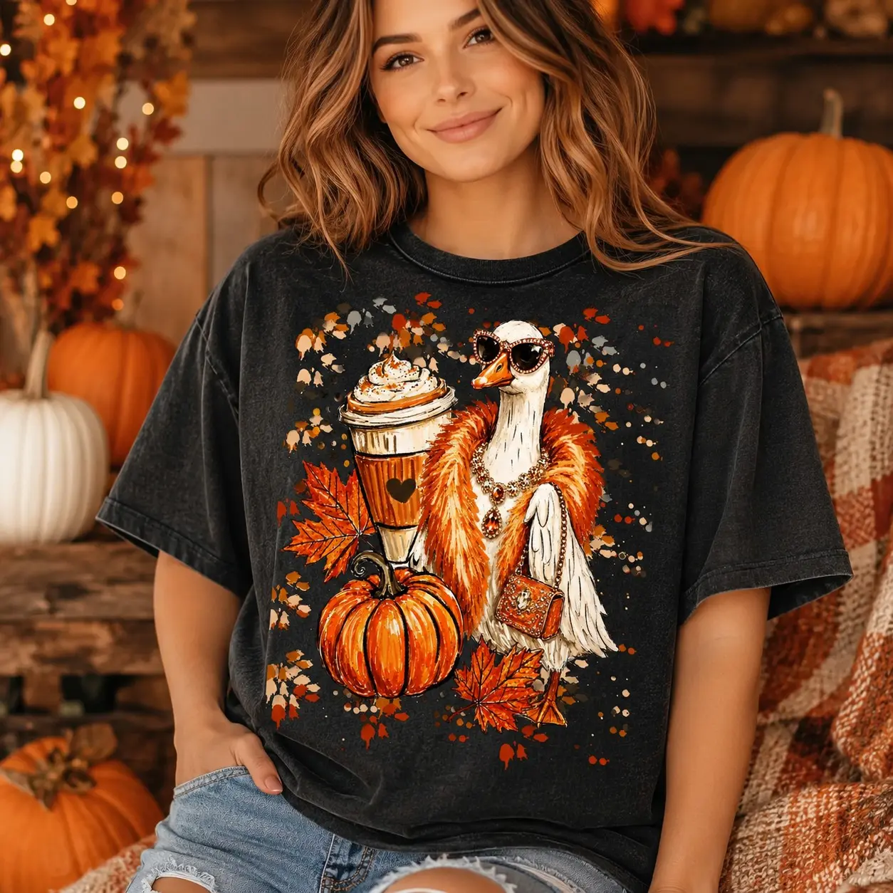 Fall Goose Shirt, Pumpkin Spice Autumn Bird Graphic Tee, Cute Coffee Lover Gift Top