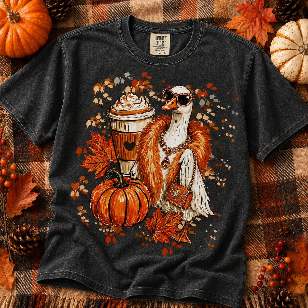 Fall Goose Shirt, Pumpkin Spice Autumn Bird Graphic Tee, Cute Coffee Lover Gift Top - photo 2