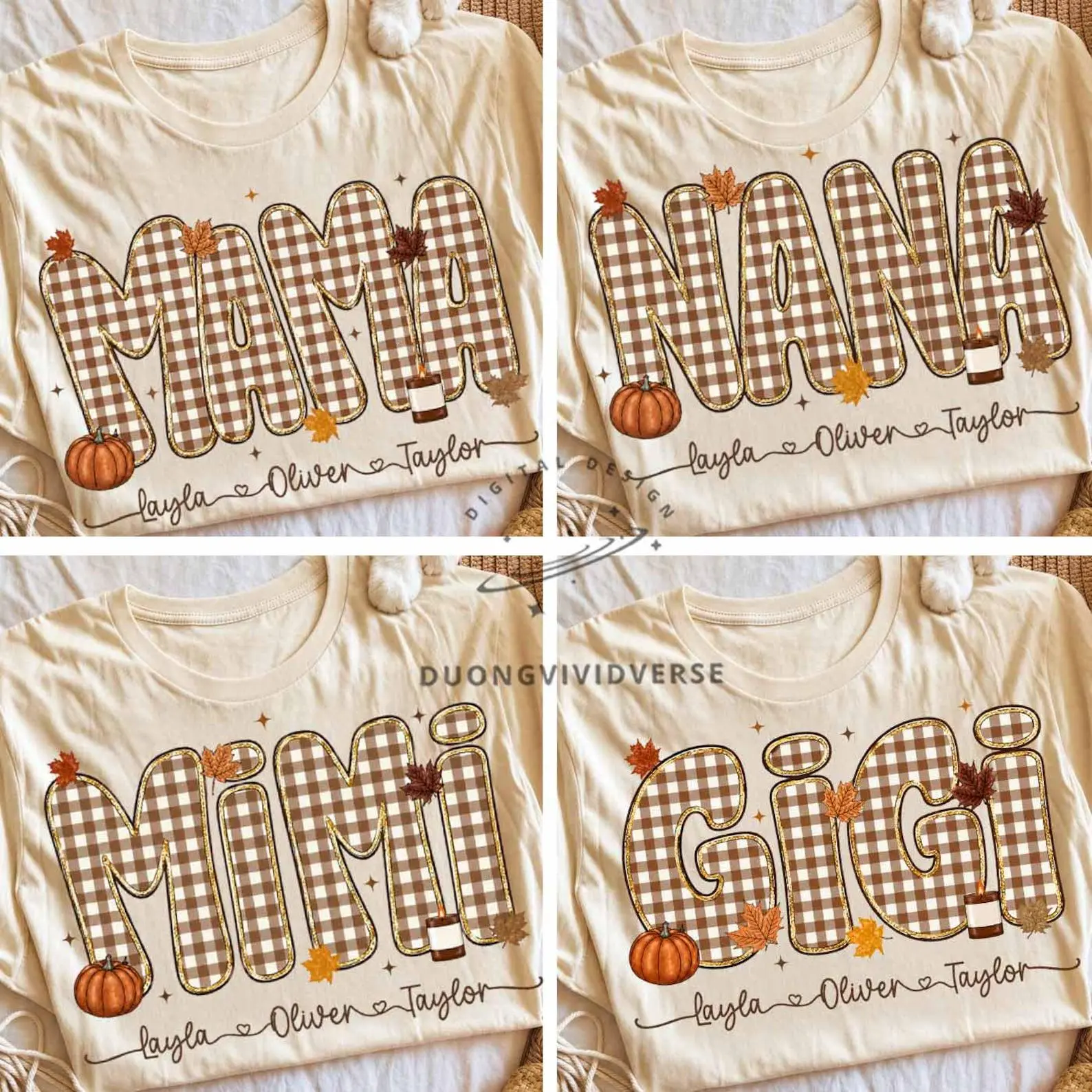 Comfort Colors Fall Mama Mimi Nana Gigi Shirt Bundle, Gingham Autumn Family Pumpkin Thanksgiving Tee