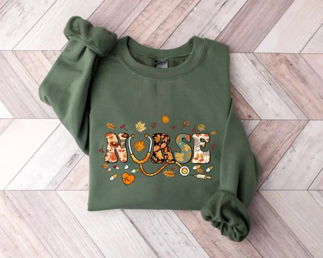Fall Nurse Sweatshirt, Cute Autumn Medical Crewneck, Colorful Leaf Stethoscope Thanksgiving Halloween Gift - photo 2
