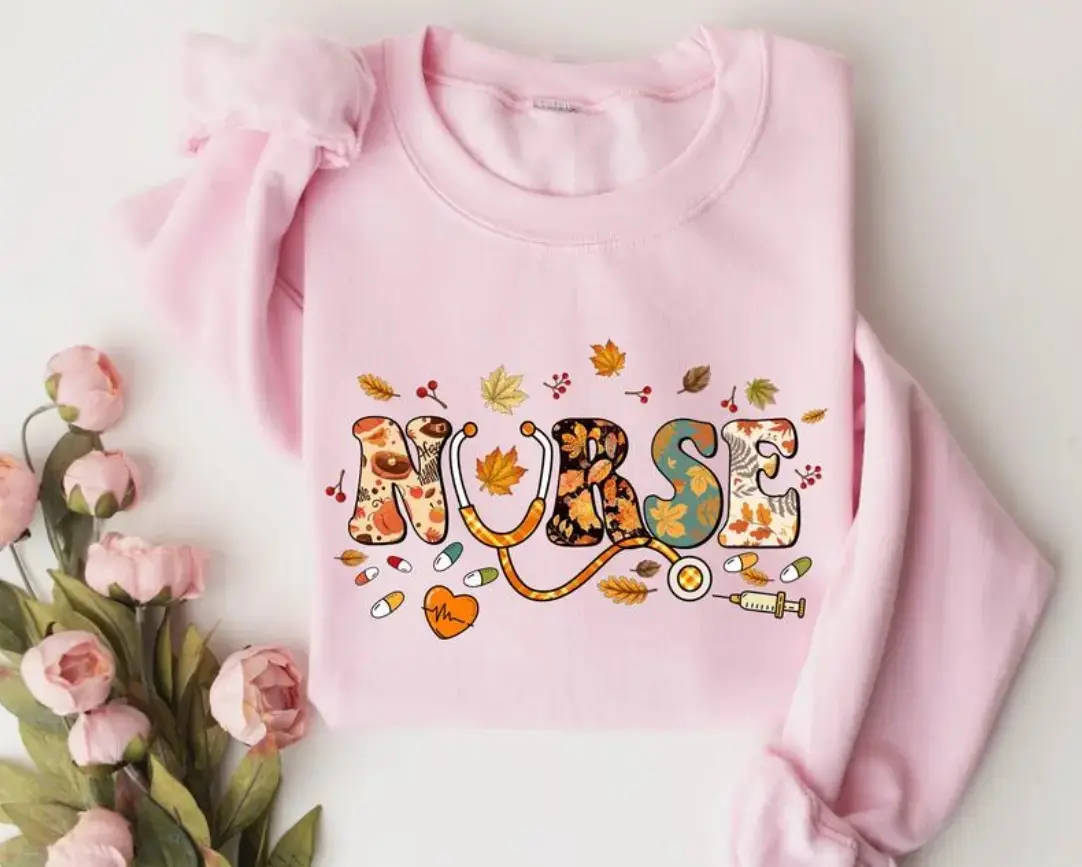 Fall Nurse Sweatshirt, Cute Autumn Medical Crewneck, Colorful Leaf Stethoscope Thanksgiving Halloween Gift - photo 3
