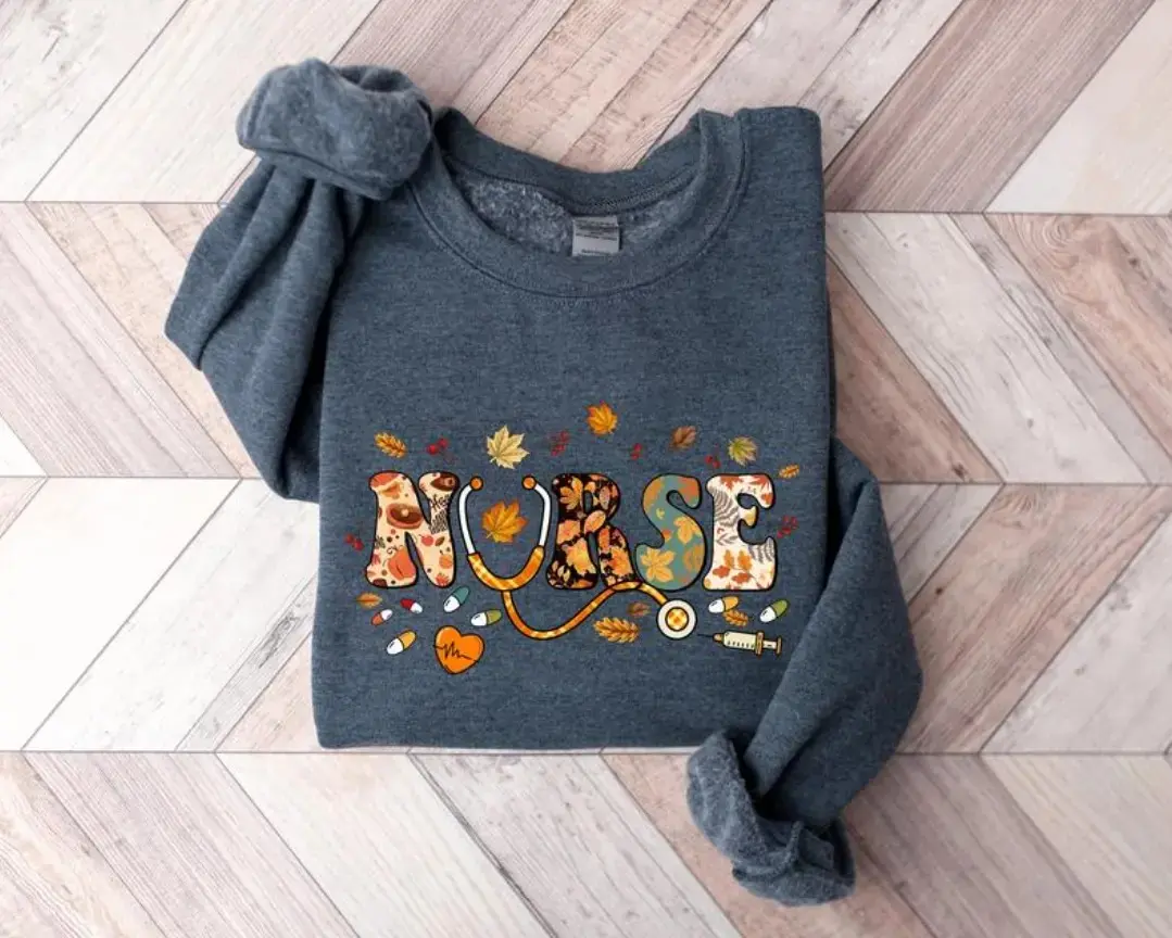 Fall Nurse Sweatshirt, Cute Autumn Medical Crewneck, Colorful Leaf Stethoscope Thanksgiving Halloween Gift - photo 4