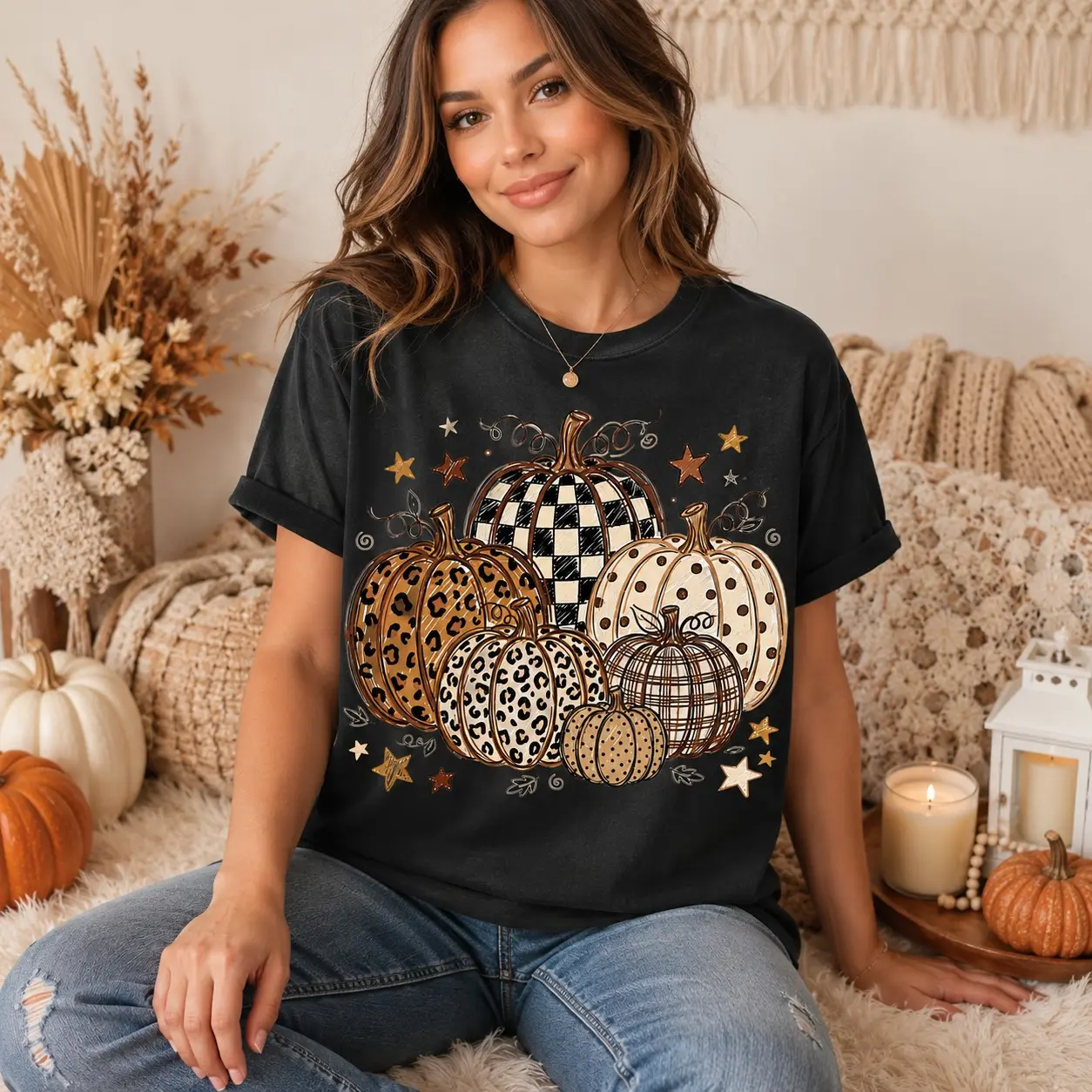 Comfort Colors Fall Pumpkin T-Shirt, Leopard Print Polka Dot Trendy Autumn Halloween Graphic Tee