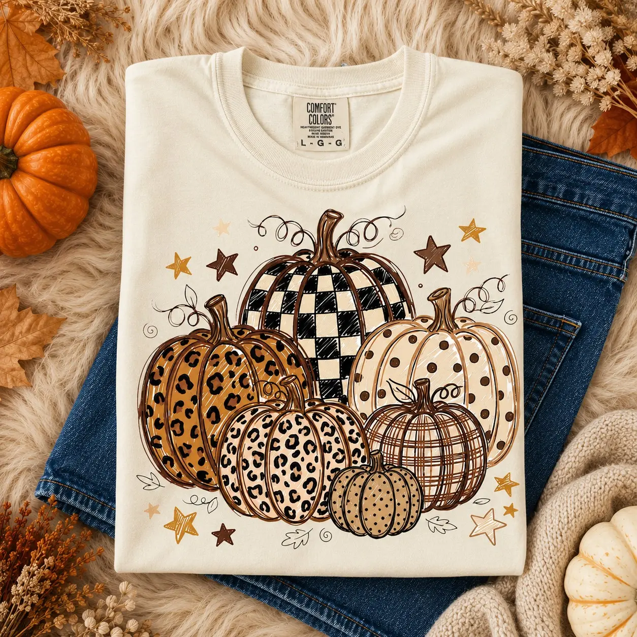 Comfort Colors Fall Pumpkin T-Shirt, Leopard Print Polka Dot Trendy Autumn Halloween Graphic Tee - photo 3