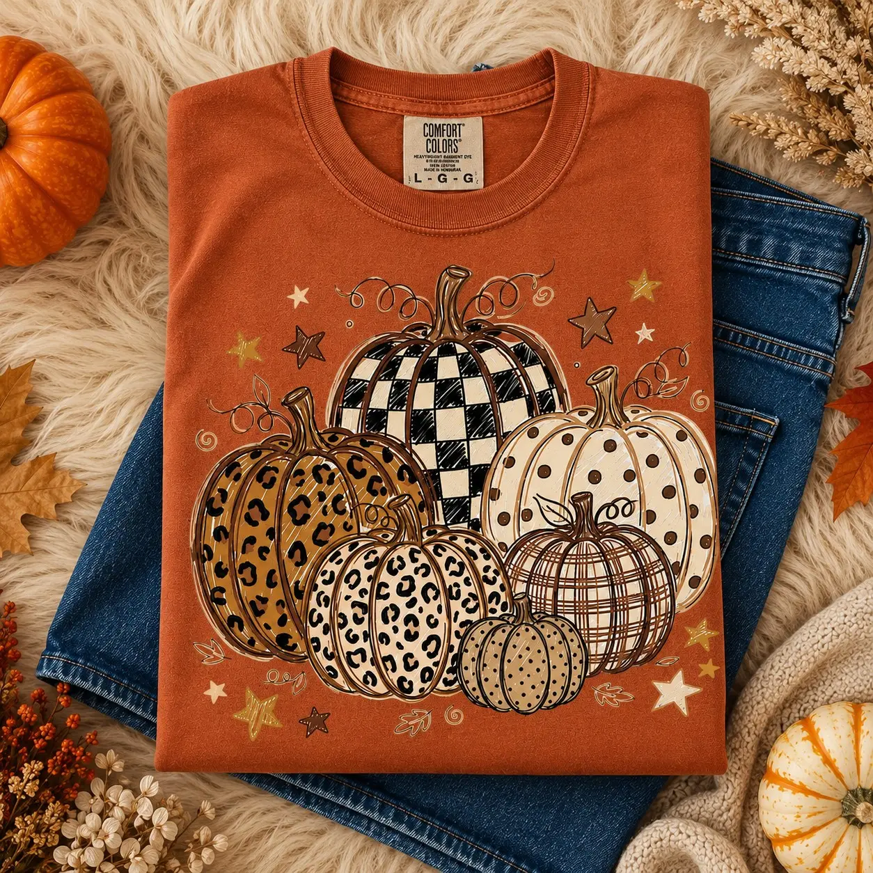 Comfort Colors Fall Pumpkin T-Shirt, Leopard Print Polka Dot Trendy Autumn Halloween Graphic Tee - photo 4
