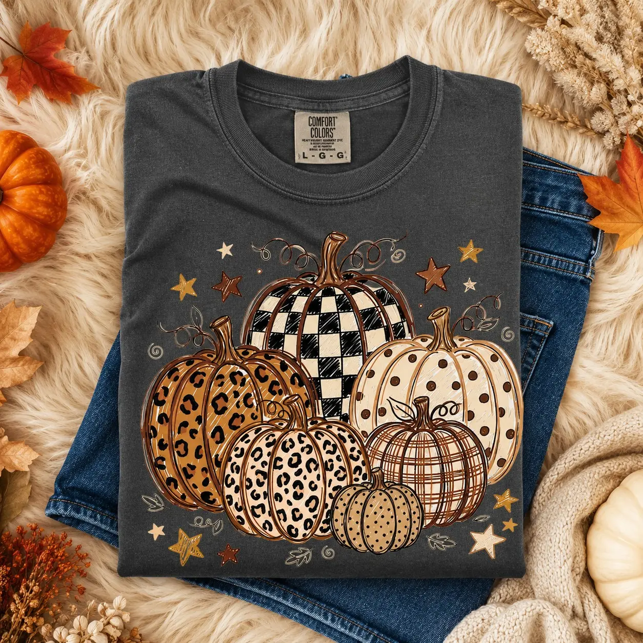 Comfort Colors Fall Pumpkin T-Shirt, Leopard Print Polka Dot Trendy Autumn Halloween Graphic Tee - photo 5