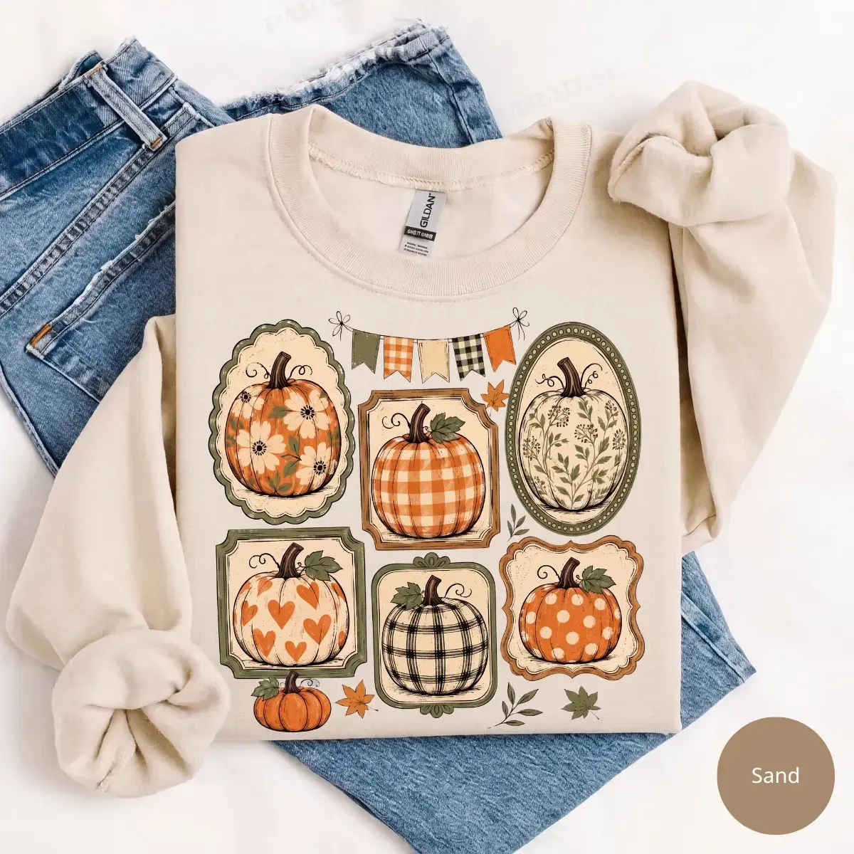 Fall Pumpkin Gallery Sweatshirt, Patterned Autumn Frame Collection Vintage Harvest Graphic Top, Cozy Thanksgiving Gift