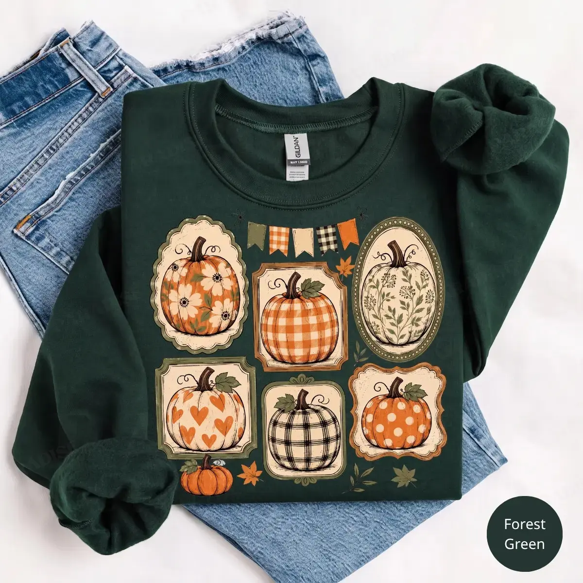 Fall Pumpkin Gallery Sweatshirt, Patterned Autumn Frame Collection Vintage Harvest Graphic Top, Cozy Thanksgiving Gift - photo 2
