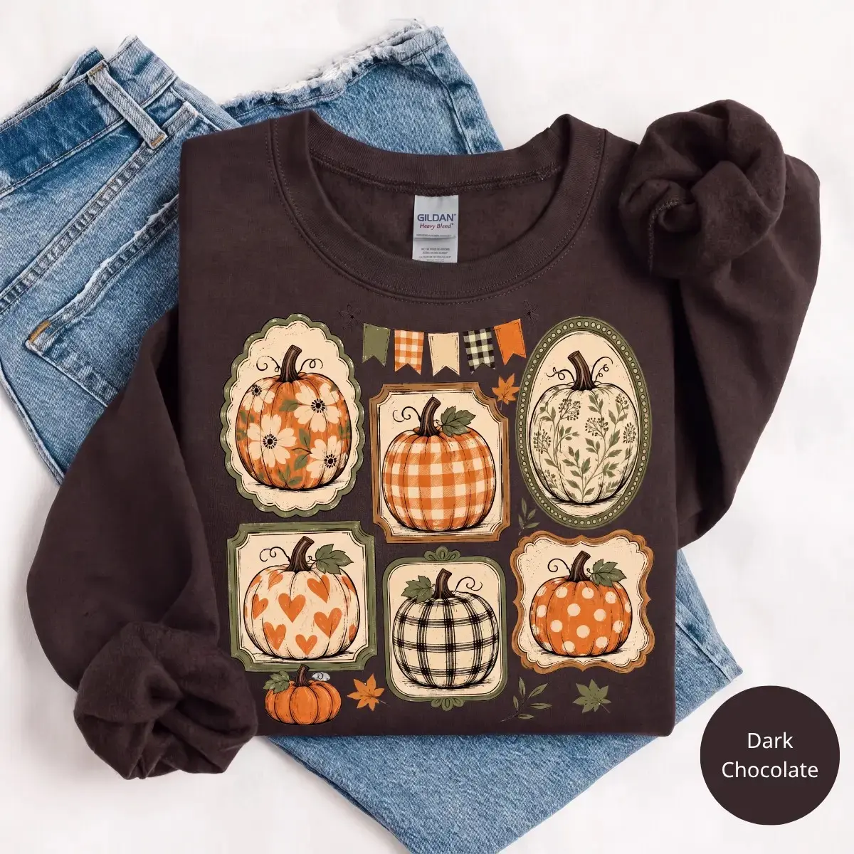 Fall Pumpkin Gallery Sweatshirt, Patterned Autumn Frame Collection Vintage Harvest Graphic Top, Cozy Thanksgiving Gift - photo 3