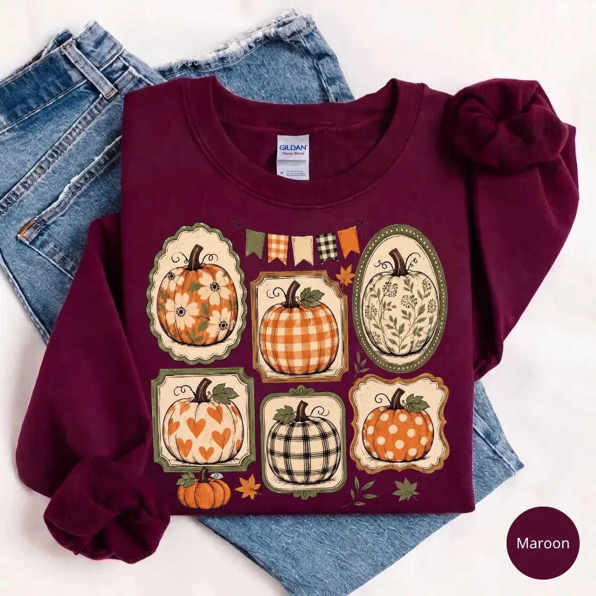 Fall Pumpkin Gallery Sweatshirt, Patterned Autumn Frame Collection Vintage Harvest Graphic Top, Cozy Thanksgiving Gift - photo 4