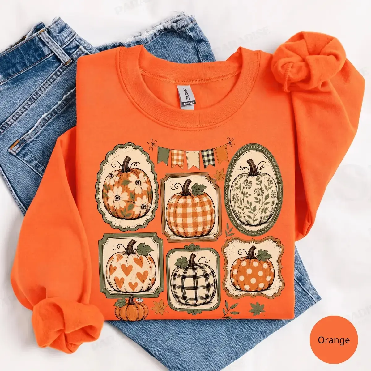 Fall Pumpkin Gallery Sweatshirt, Patterned Autumn Frame Collection Vintage Harvest Graphic Top, Cozy Thanksgiving Gift - photo 5