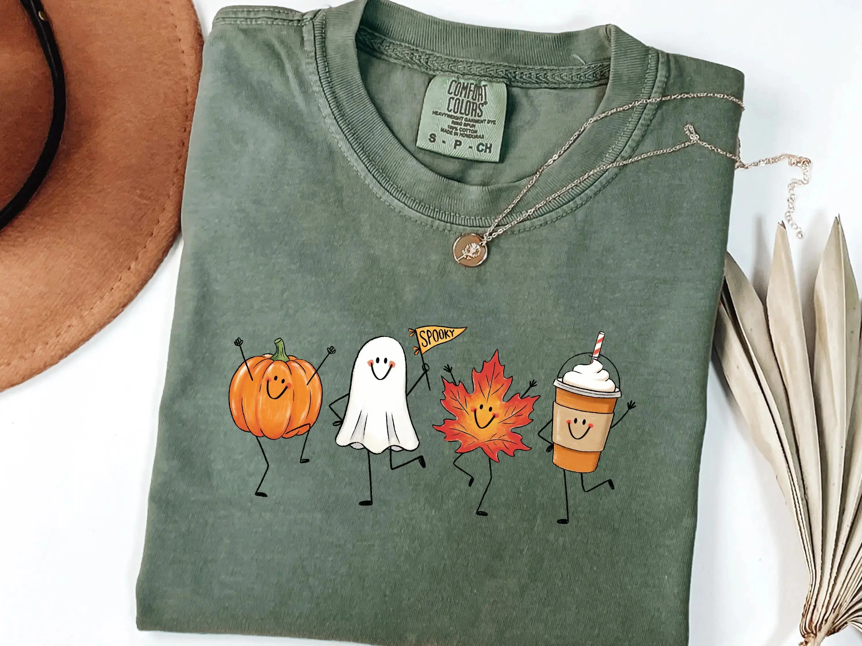 Fall Pumpkin Ghost Maple Leaf Spice Latte Comfort Colors Tee, Cute Autumn Halloween Spooky Season Graphic Shirt